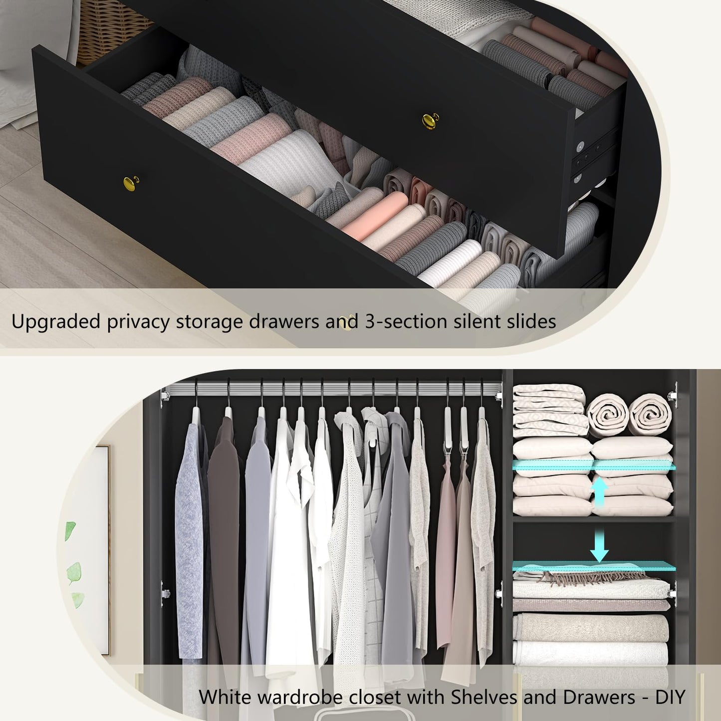 jiteentarou 3 Door Wardrobe Closet with Mirror and LED Lights, Bedroom Armoire with Drawers Shelves, Modern Wooden Armoire Wardrobe Closet with Hanging Rod for Bedroom, Black