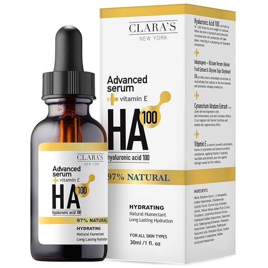 CLARA'S NEW YORK Glycolic Acid Facial Serum with Vitamin E for Exfoliating Smoothing Glowing Face Skin - Made in USA 30ml (1Fl/Oz) (Hyaluronic Acid 100)