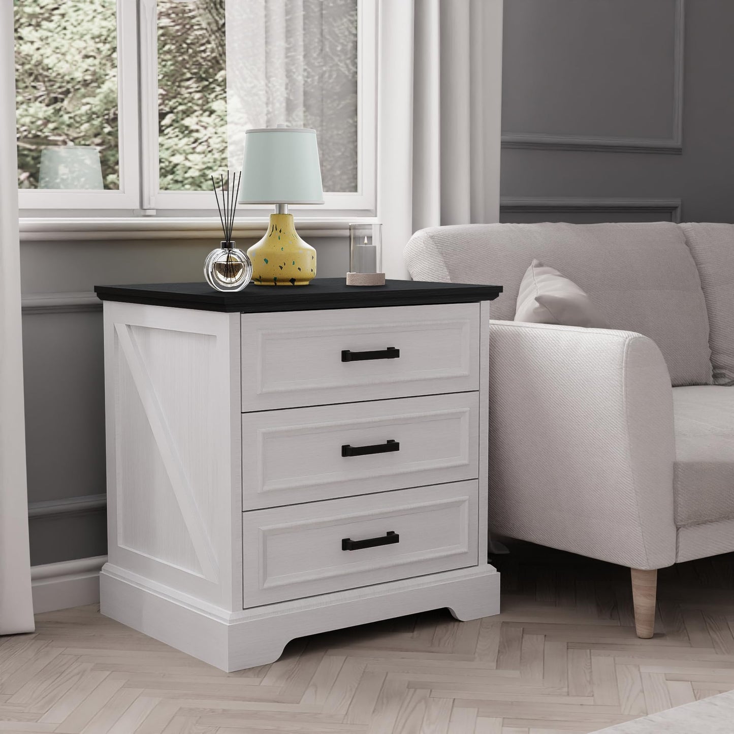 Farmhouse Bedside Nightstand with USB & Charging Station, 22” Wide Rustic Wood Nightstands with 3 Drawers – Small Dresser Chest for Bedroom, Living Room or Closet, Off White (1Pieces)