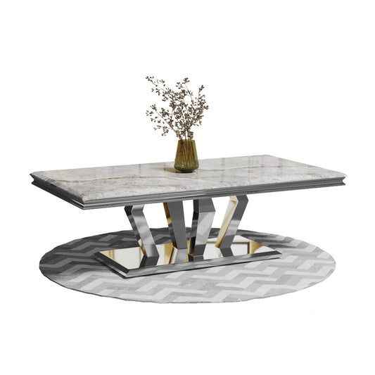ACEDÉCOR Coffee Table, Silver Coffee Table with Four Geometric Mirror Bases, Rectangular CoffeeTable with Sturdy Metal Frame,48 inches Modern Coffee Table for Living Room, Office, Reception Room