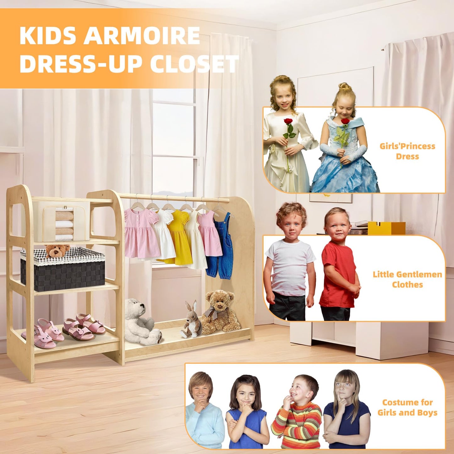 Kids' Dress Up Storage Closet with Mirror, 31.5 Inch Kids Wardrobe Closet with Shelves for Girls and Boys, Wooden Costume Organizer for Bedroom, Classroom, Playroom