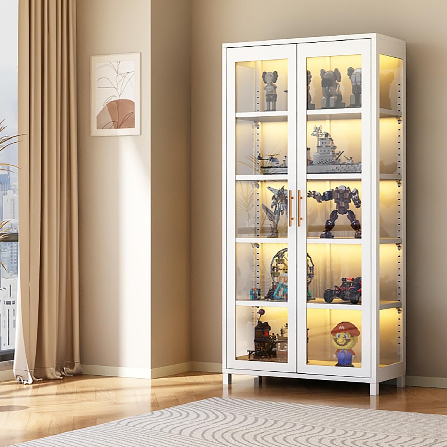 qeknxks Display Cabinet with Glass Doors, 5-Tier Metal Curio Cabinet, Glass Display Cases for Figurine, Toy Organizers Rack & Display Shelf, Kids Bookcase for Home Office, Playroom, Living Room