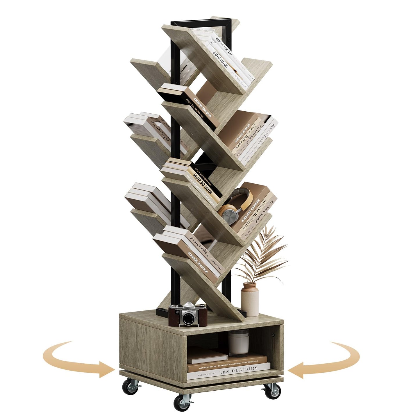 iabifo Double Sided Rotating Tree Bookshelf - 7-Tier Retro Floor Standing Bookcase, Wood Storage for Books, CDs, Movies, Perfect for Small Spaces in Bedroom, Living Room, Home Office, Grey