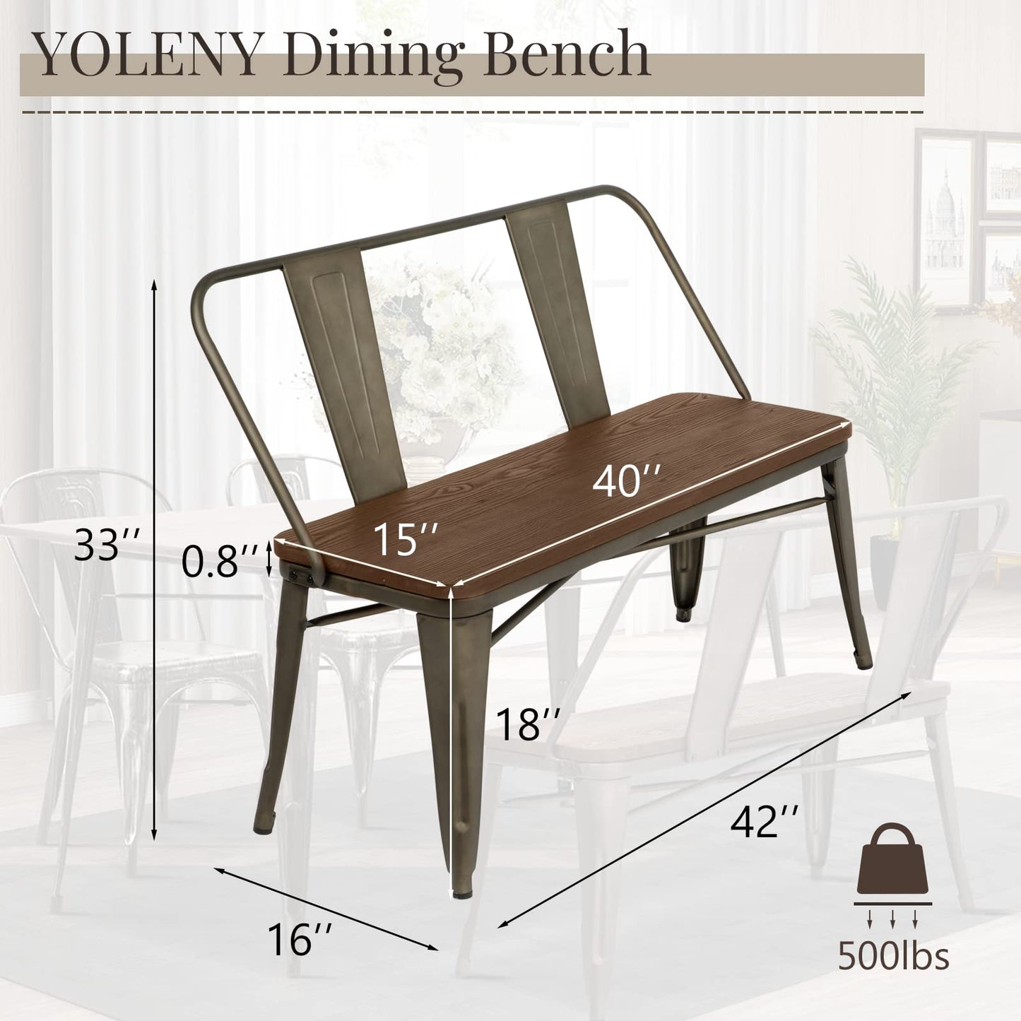 YOLENY Dining Bench, Farmhouse Metal Entryway Chair with Back, Industrial Mid-Century 3 Person Rustic Spindle Bench, with Wood Seat, Removable Backrest, 42in, Bronze