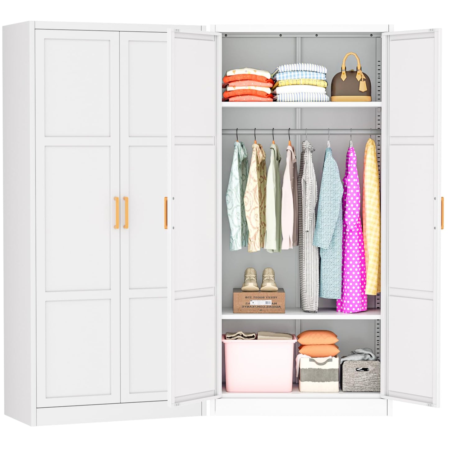 Greenvelly Metal Wardrobe Cabinet with Wooden Handle, 72" Metal Wardrobe Closet with Hanging Rods and Adjustable Shelves, Clothing Storage Closet Cabinet for Home, Office, Employee, Gym (White)