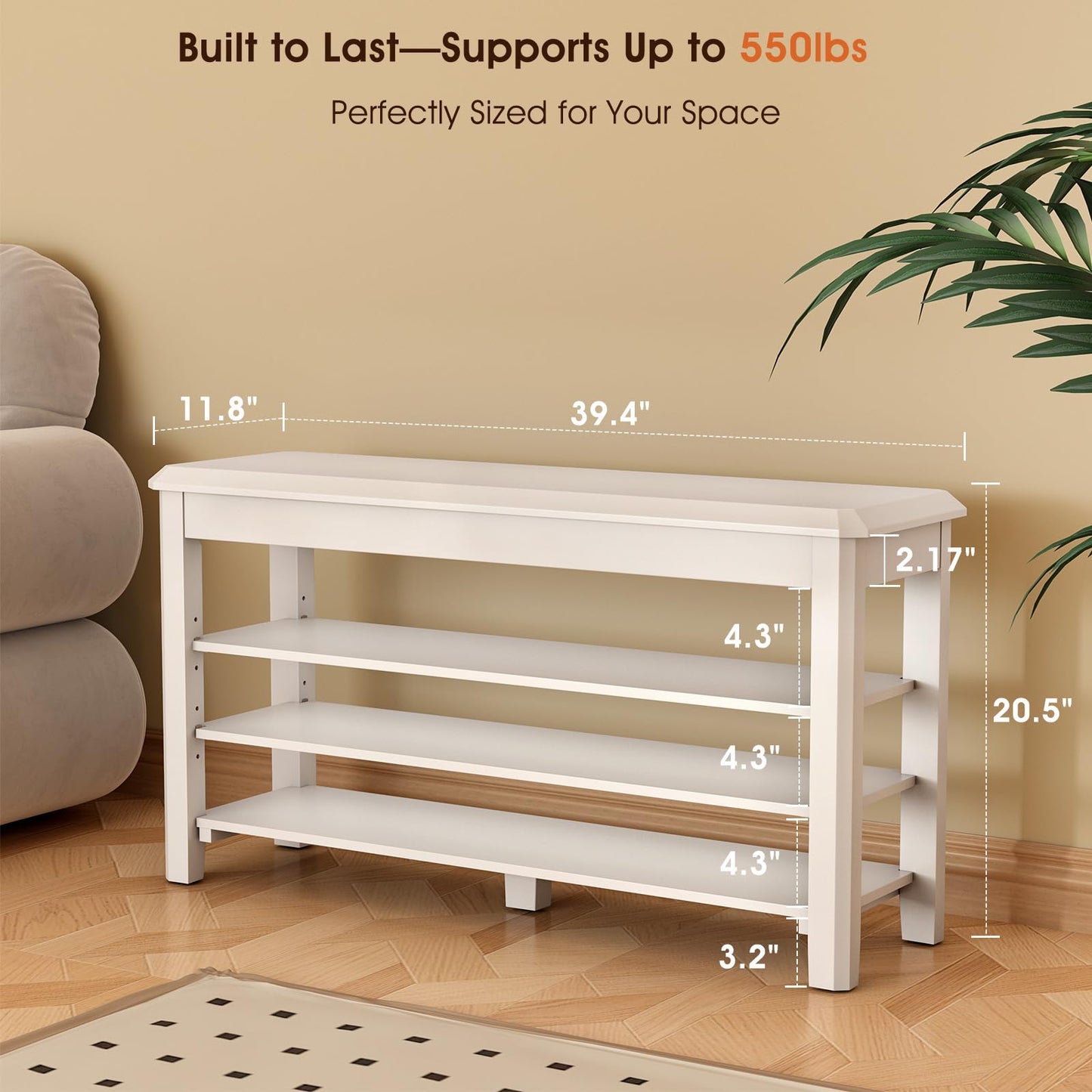IUNVR Shoe Rack Bench Seat Rubberwood 3-Tier Wooden Storage Bench 550lbs Compact Mid-Century Modern Design for Entryway, Hallway, Closet, Front Door Entrance, Foyer