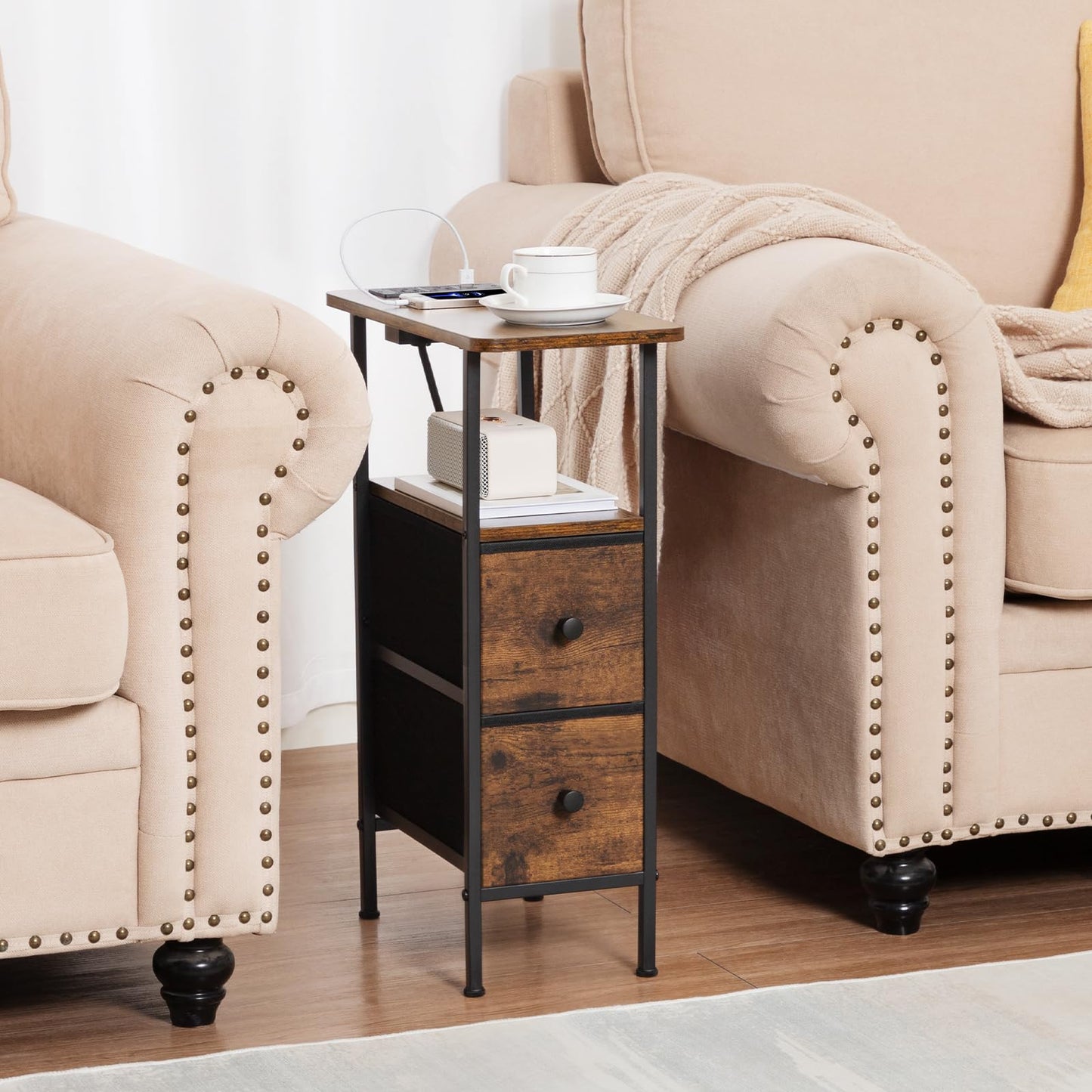 LOAKEKEL Narrow End Tables Living Room Set of 2 with Charging Station, Skinny Side Table with Fabric Drawers, Slim Nightstand for Bedroom, Small Spaces, Couch, Brown, HETNDP02BR