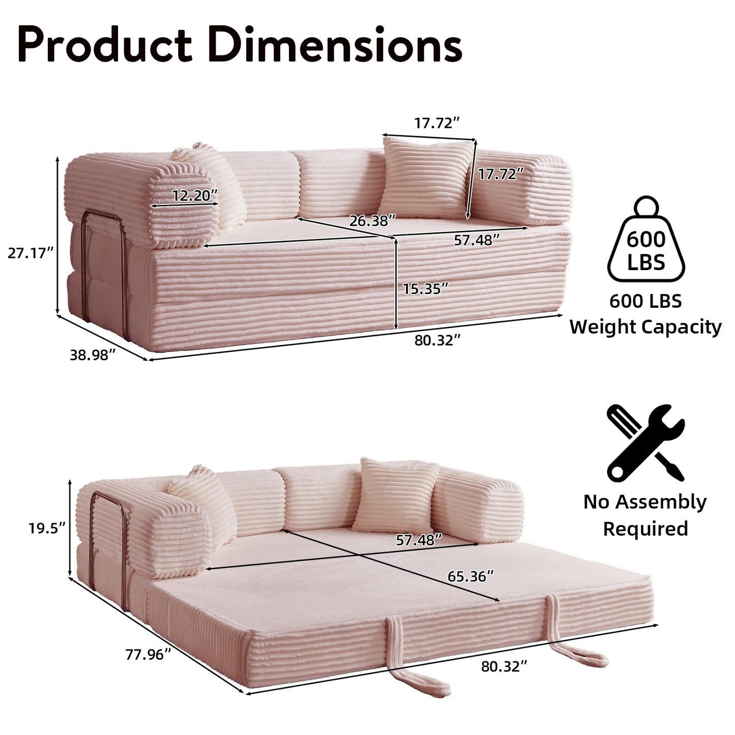 HUAYICUN 4-in-1 Convertible Folding Sleeper Sofa Bed, Plush Corduroy Foldable Mattress Couch with Fixed-Shape Frame, Floor Compressed Sofa for Living Room, Bedroom (Pink)