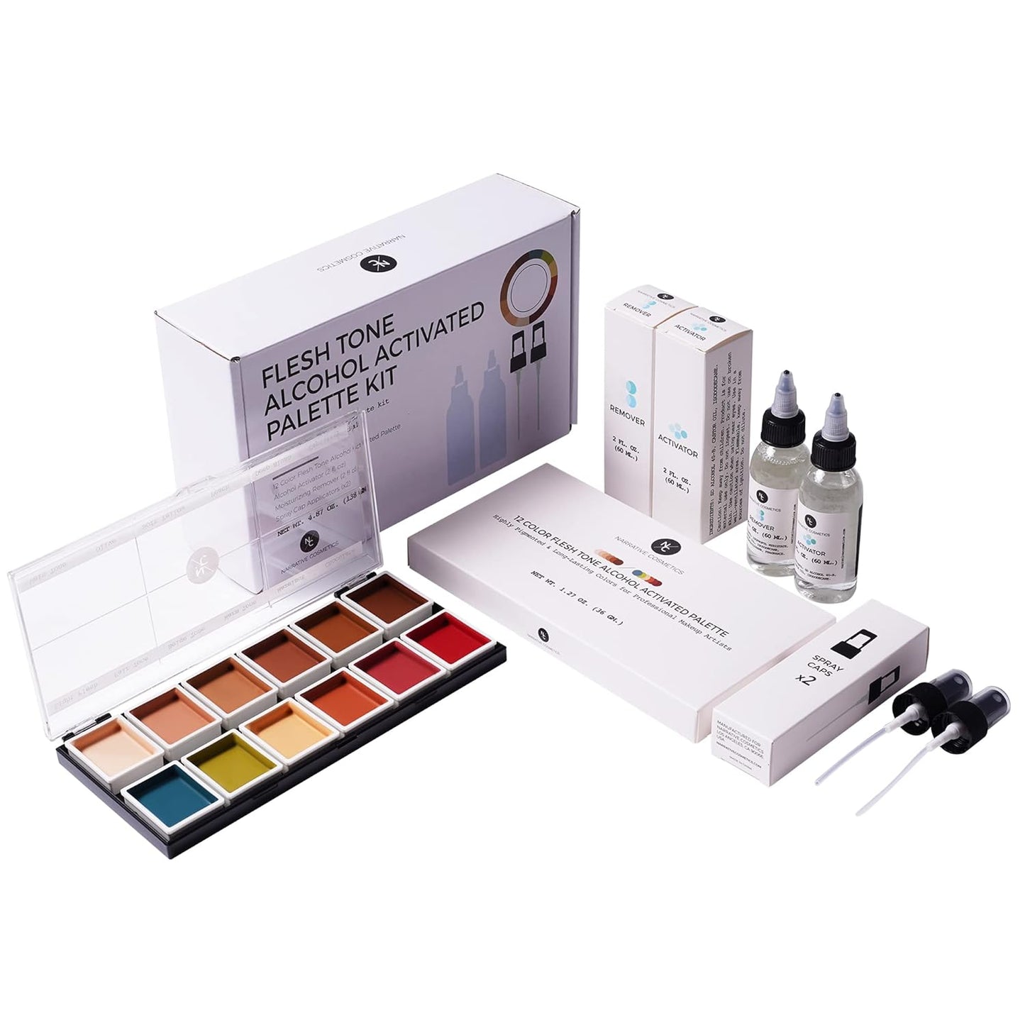 Flesh Tone Alcohol-Activated Palette, Activator, and Remover Kit, Professional SFX Makeup Set, Tattoo Cover