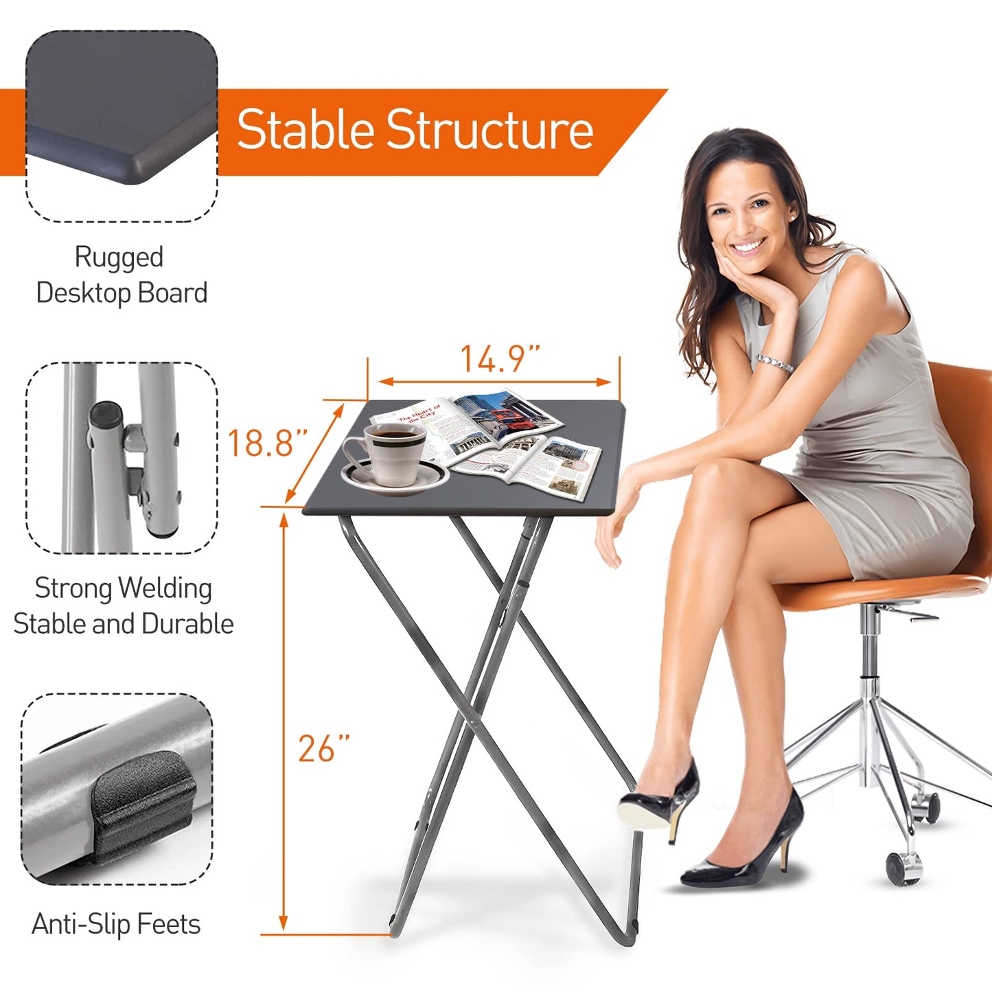 Garden 4 you Folding TV Tray Table/TV Dinner Trays Tables for Eating,Stable Tv Trays Table 25In, Folding Tray Side Table, Foldable Snack Tables for Bed & Sofa, 15 x 18.9 x 26 in (Grey,1PC)