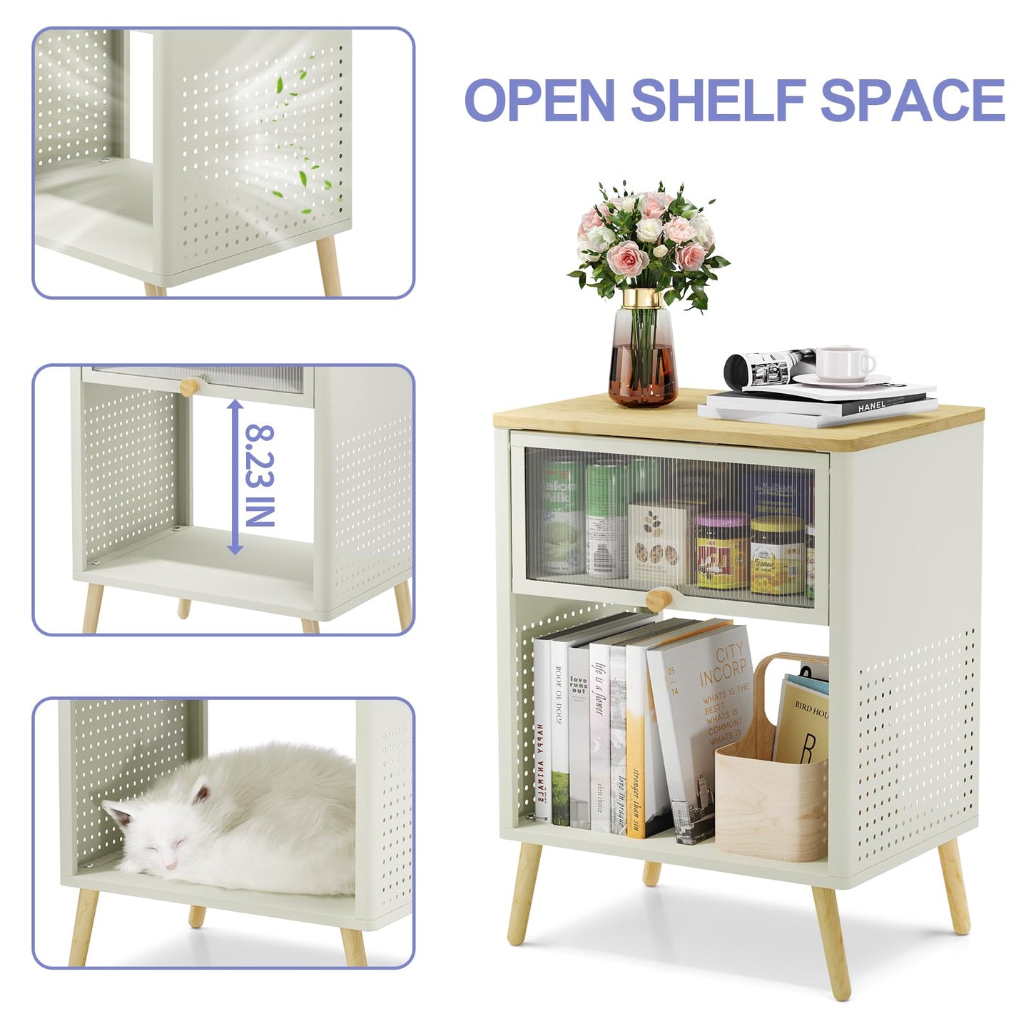 SYKIARIOL Cute Nightstand, Small End Tables with Storage Drawer, Metal Side Table, Kid's Night Stand, Bedside Table, Wood Top Modern Side Table for Living Room, Girls Bedroom, Dorm, Office,Cream
