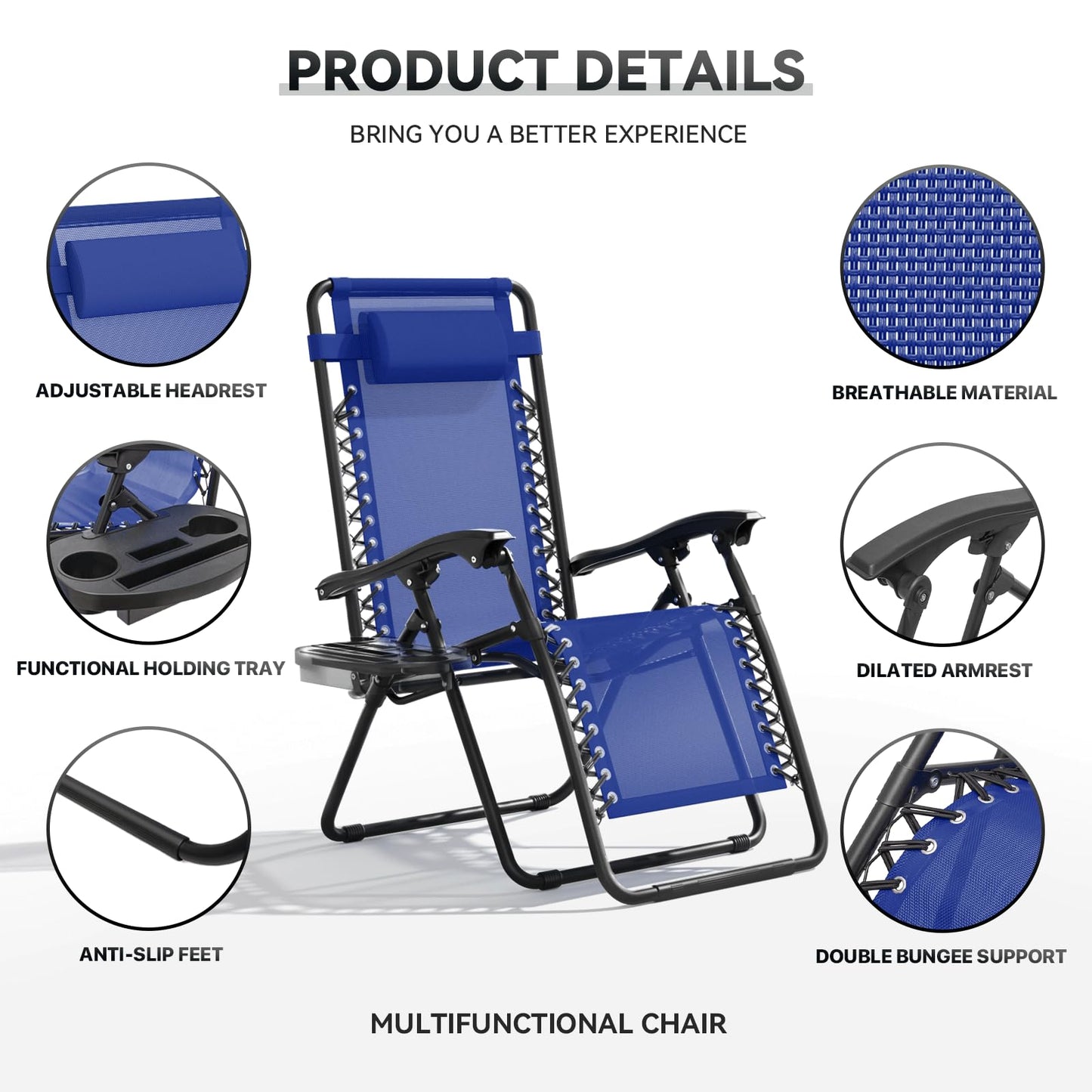 SFIHOME Zero Gravity Chair, Portable Outdoor Chair, Reclining Patio Lounge Chair with Adjustable Pillow and Cup Holder Trays for Outdoor, Patio, Beach, Camping, Garden, Poolside, 2 Pack, Blue