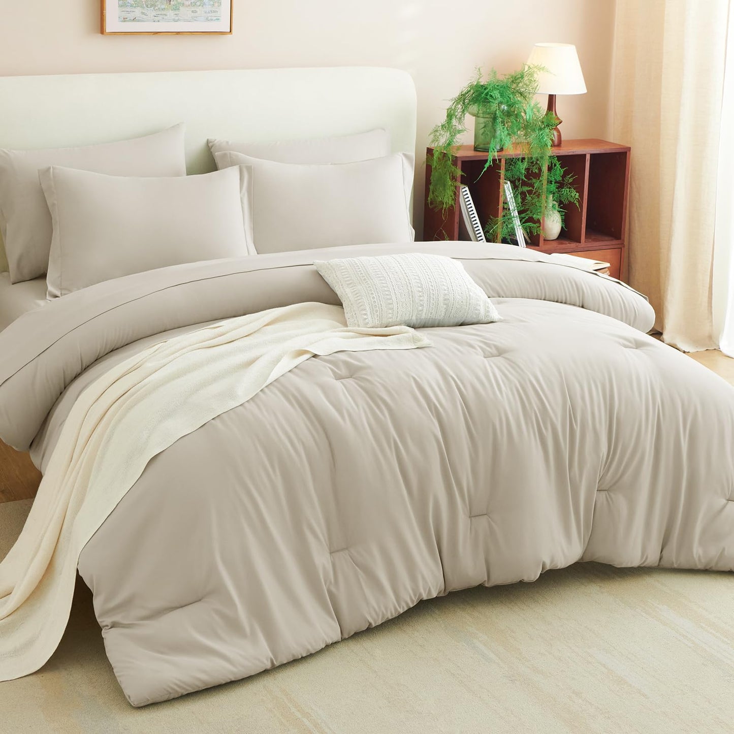CozyLux Queen Comforter Set Beige, 7 Pieces Bed in a Bag Soft Bedding Comforter Set with Sheets, All Season Boho 7PC Bed Sets with Comforter, Fitted Sheets, Flat Sheets, Pillow Shams and Pillowcases