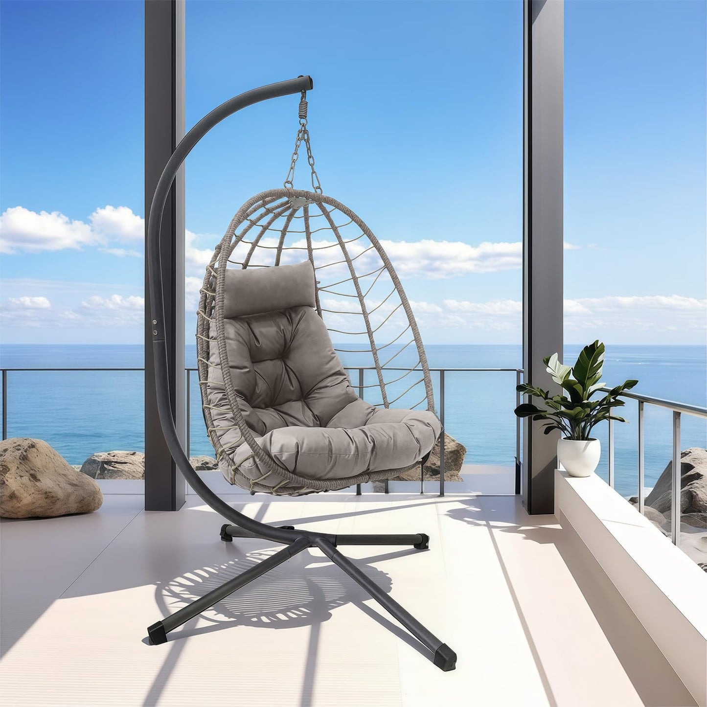 Hanging Egg Chair with Stand, Outdoor Patio Rattan Wicker Swing Egg Chair, Outdoor Indoor Hammock Chair for Porch, Living Room, Poolside and Balcony, 350LBS Capacity, Light Grey