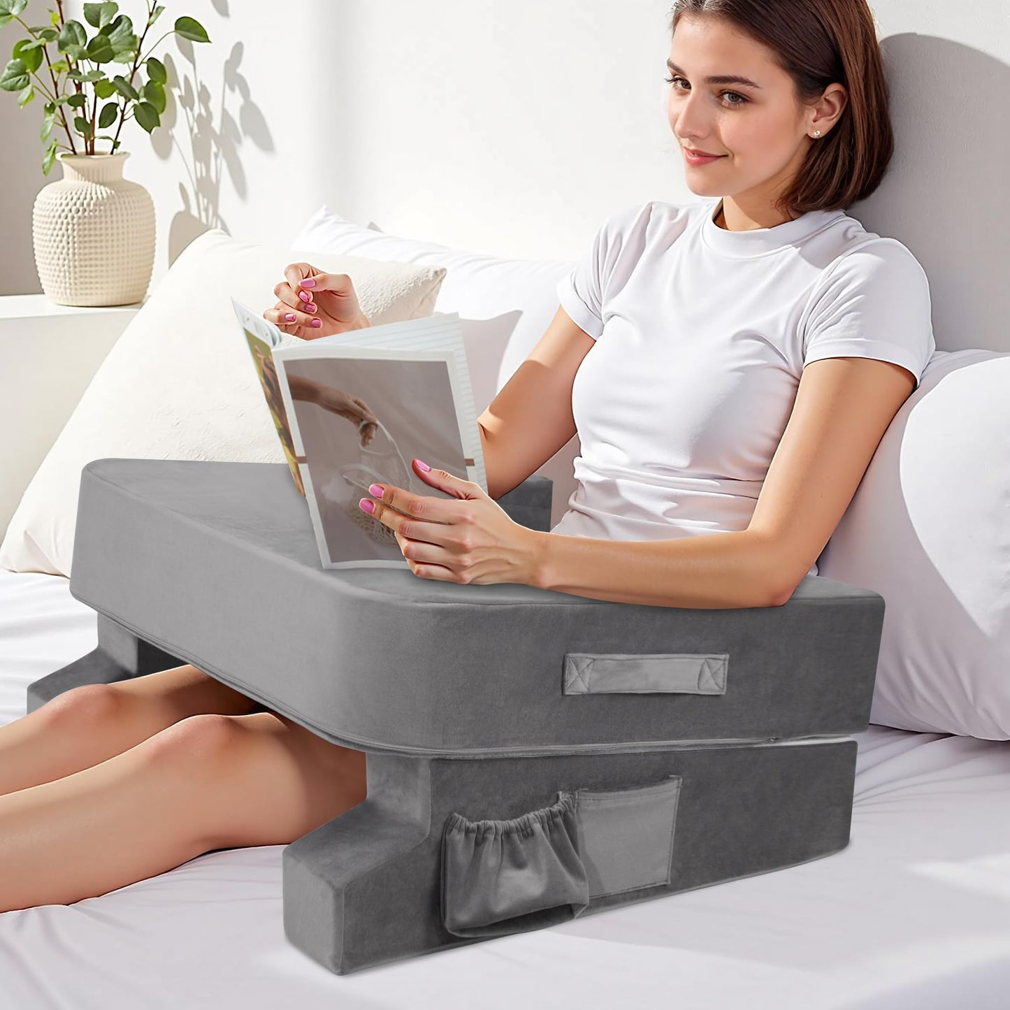 Reading Pillow for Gaming/Lap，Lap Pillow with Cup Holder for Reading, Working, Sitting in Floor Sofa, Lap Pillow with Cup Holder Pocket,Grey