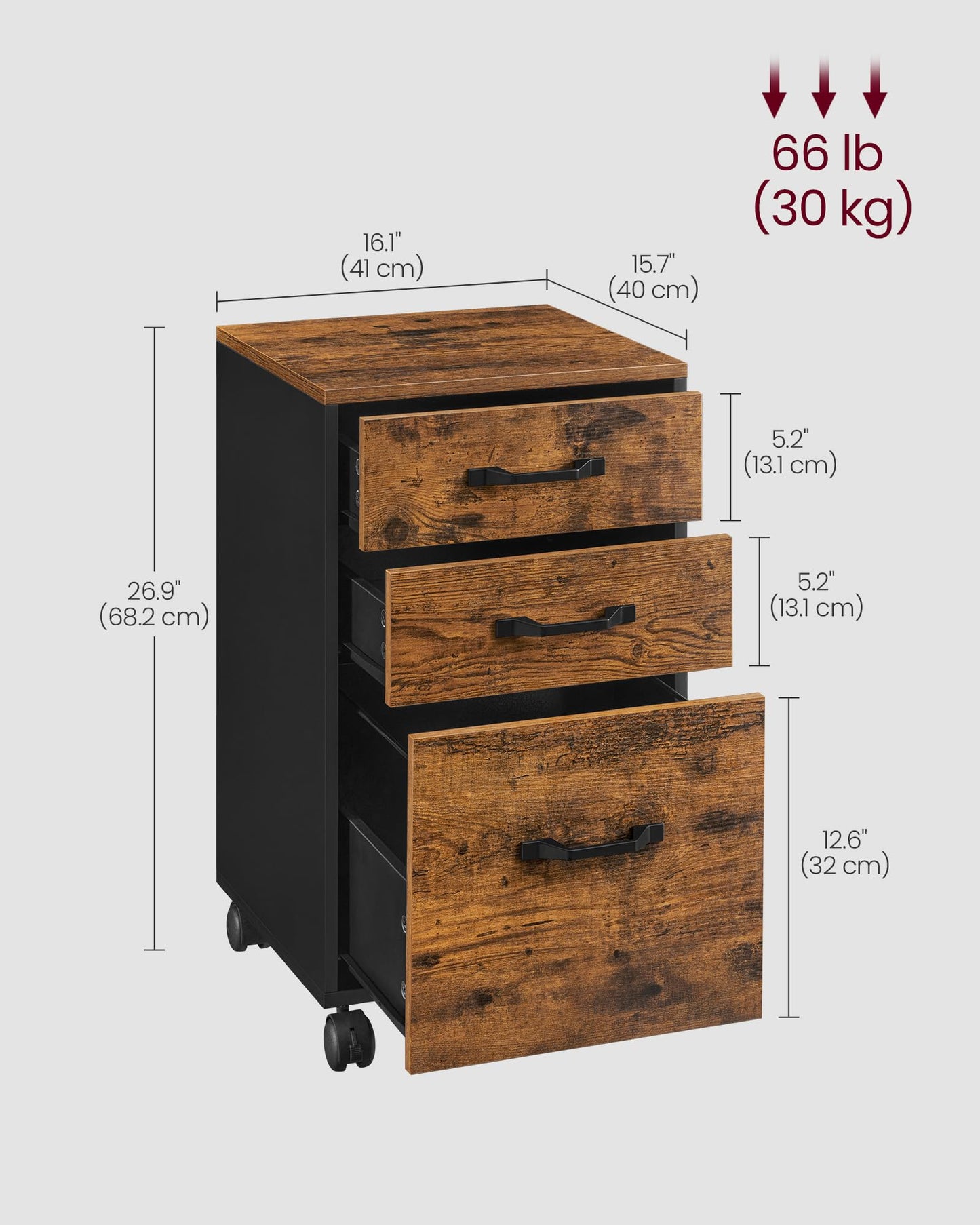 VASAGLE File Cabinet, 3 Drawers Filing Cabinet for Home Office, with Wheels, for A4, Letter Sized Documents, Hanging File Folders, Rustic Brown and Ink Black UOFC065B01