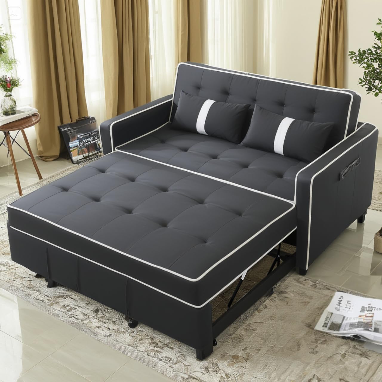 Black Couch Bed, Sleeper Sofa Couch with Pullout Bed Small Couches for Small Spaces, Convertible Futon Sofa Bed, Adjustable Backrest and Pillows, Built-in Side Storage Pockets,Tufted Design