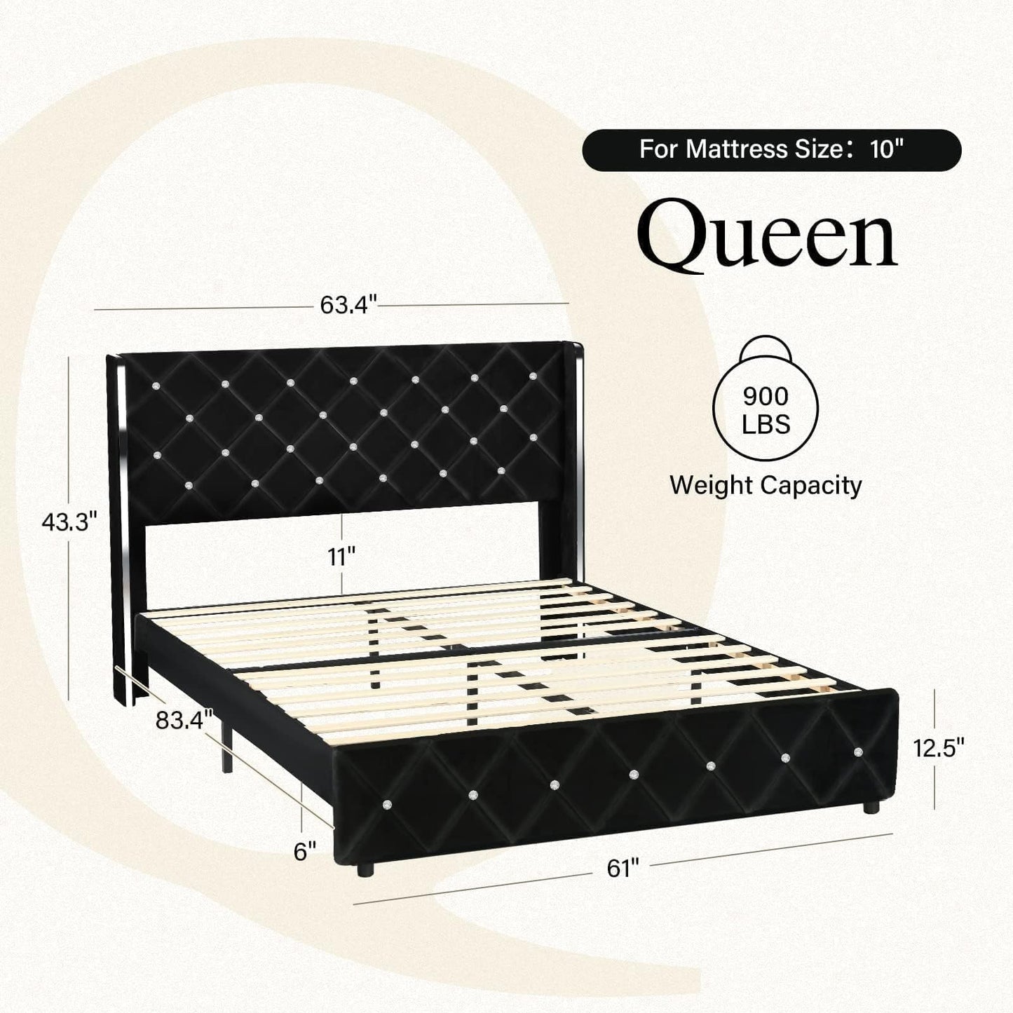 HOMBCK Queen Size Bed Frame with Headboard, Velvet Upholstered Bed Frame Queen with Wingback and Diamond Headboard, Wood Slat Support, No Box Spring Needed, Black