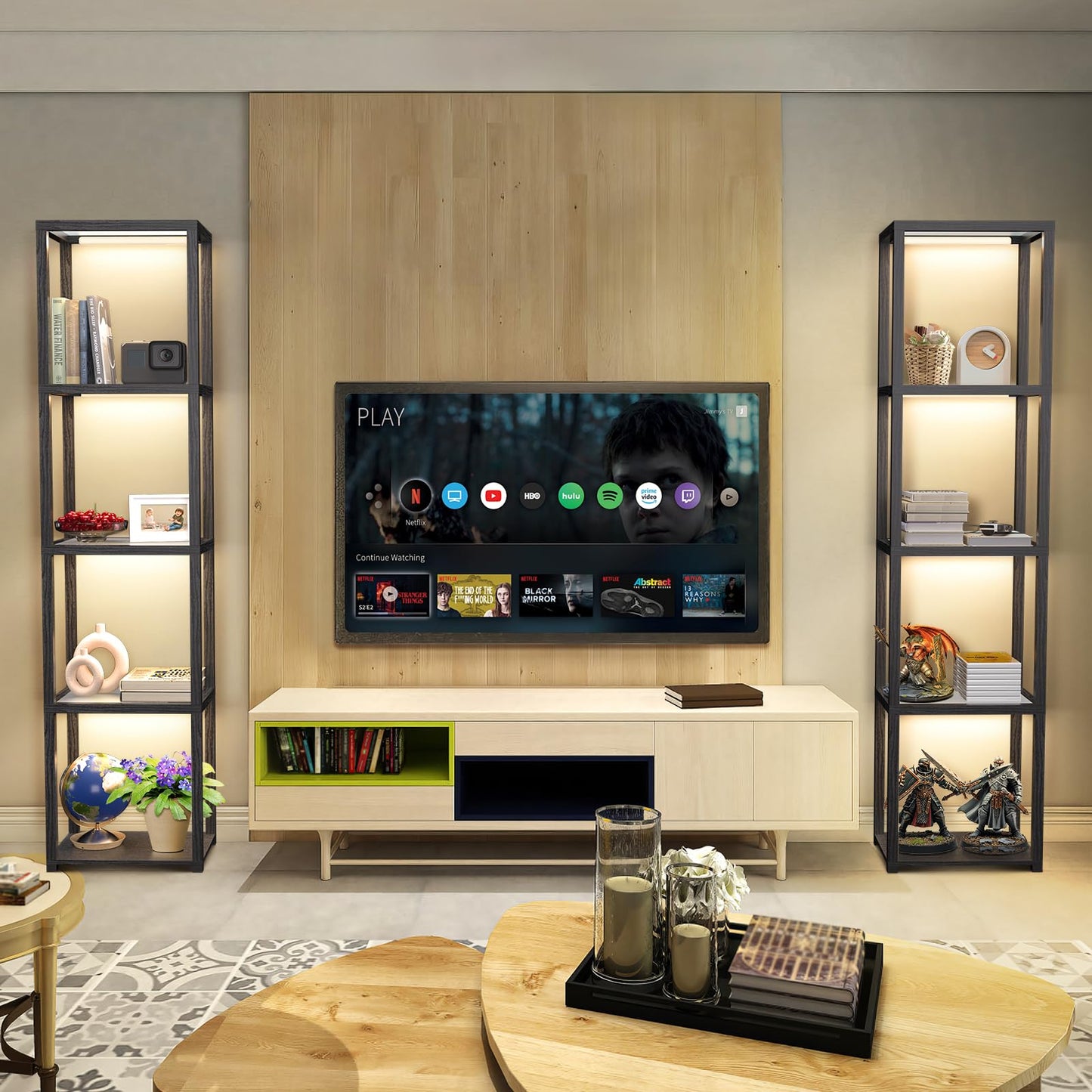 OUTON 67" Glass Display Shelf with Dimmable LED Floor Lamp, Collectibles Display Cabinet with Remote & App Control, 5 Tier Open Bookshelf Lamp for Living Room, Bedroom, Office, Home Decor, Black