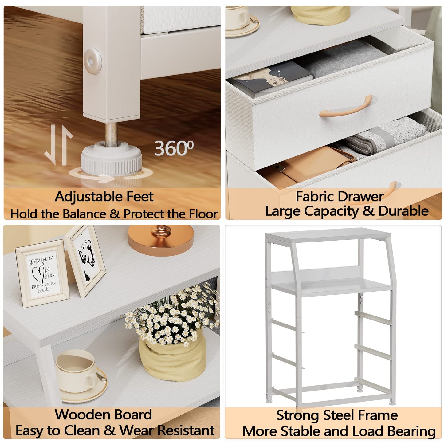 Furnulem White Nightstand with 3 Drawers and 2-Tier Shelf, Small Night Stand End Table Side Furniture, Fabric Storage Organizer for Bedroom, Closet, Hallway, Nursery, Sturdy Steel Frame, Wood Top