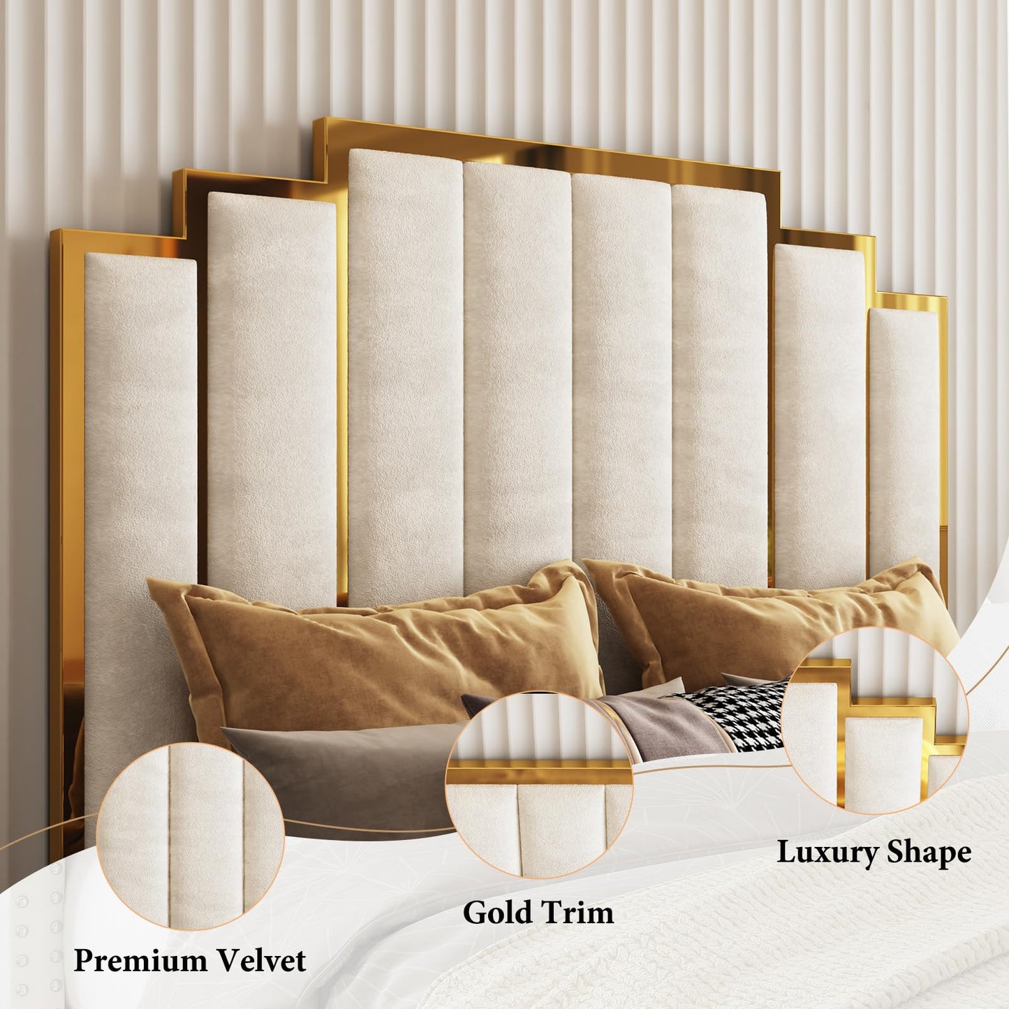 AMERLIFE Queen Size Upholstered Bed, Modern Velvet Bed Frame with 61.4” Tall Gold Trim Headboard, No Box Spring Needed, Cream