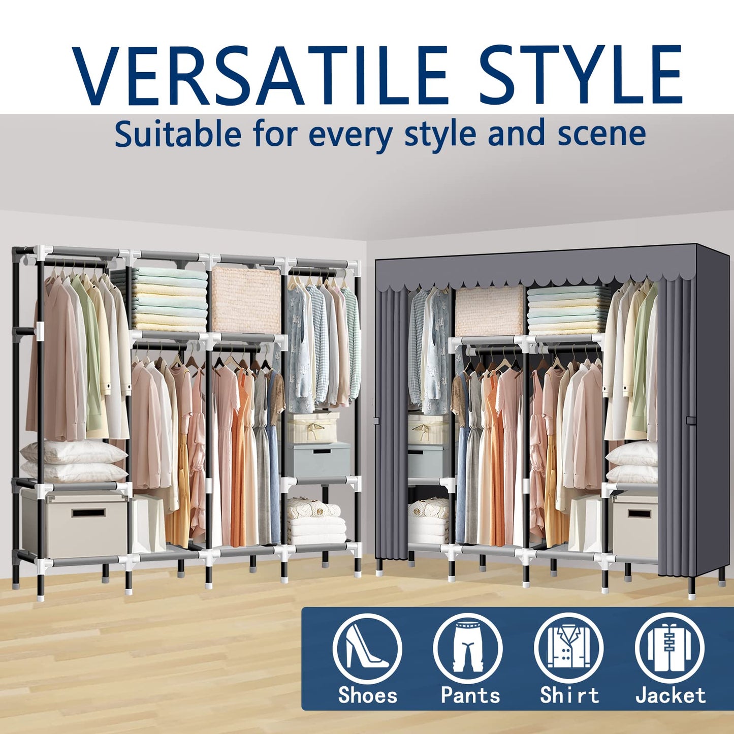 LOKEME Portable Closet, 67 Inch Wardrobe Closet for Hanging Clothes with 4 Hanging Rods, 25mm Steel Tube Clothes Storage Organizer for Extra Sturdy, Quick and Easy to Assembly, Gray Cover