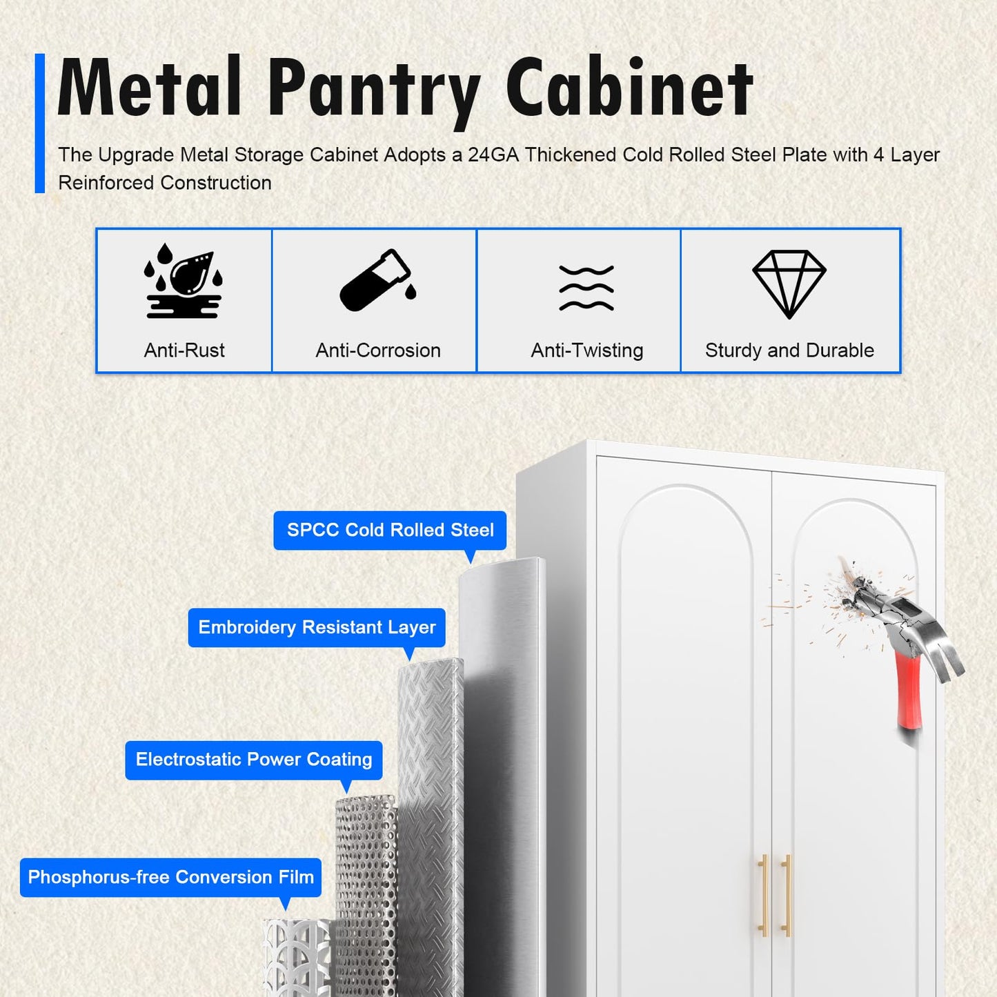 Polup Metal Storage Cabinet with Doors and Shelves, 71 Inch Tall Kitchen Pantry Cabinet, Pantry Cabinets for Kitchen Storage, Freestanding Cupboard for Living, Dining Room, White, Assembly Required
