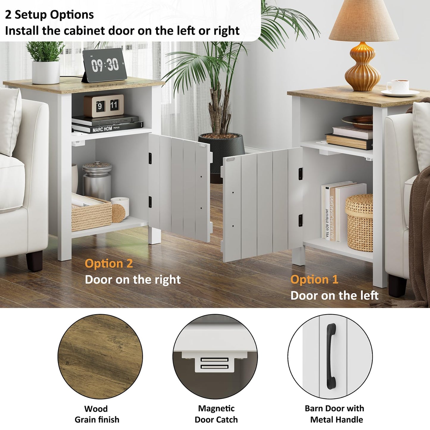 RRX Large Nightstand, End Table with Charging Station, 15.7''Lx17.7''Wx23.6''H Farmhouse Bedside Table with Barn Door and Storage Shelf, Wooden Sofa Side Table (2, White)