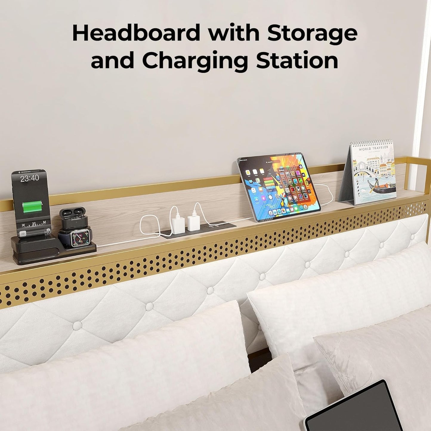 GAOMON King Size Bed Frame with Storage Headboard and Charging Station, Metal Platform Bed Frame with 2 Storage Drawers and LED Lights, Noise-Free, No Box Spring Needed, Rustic White