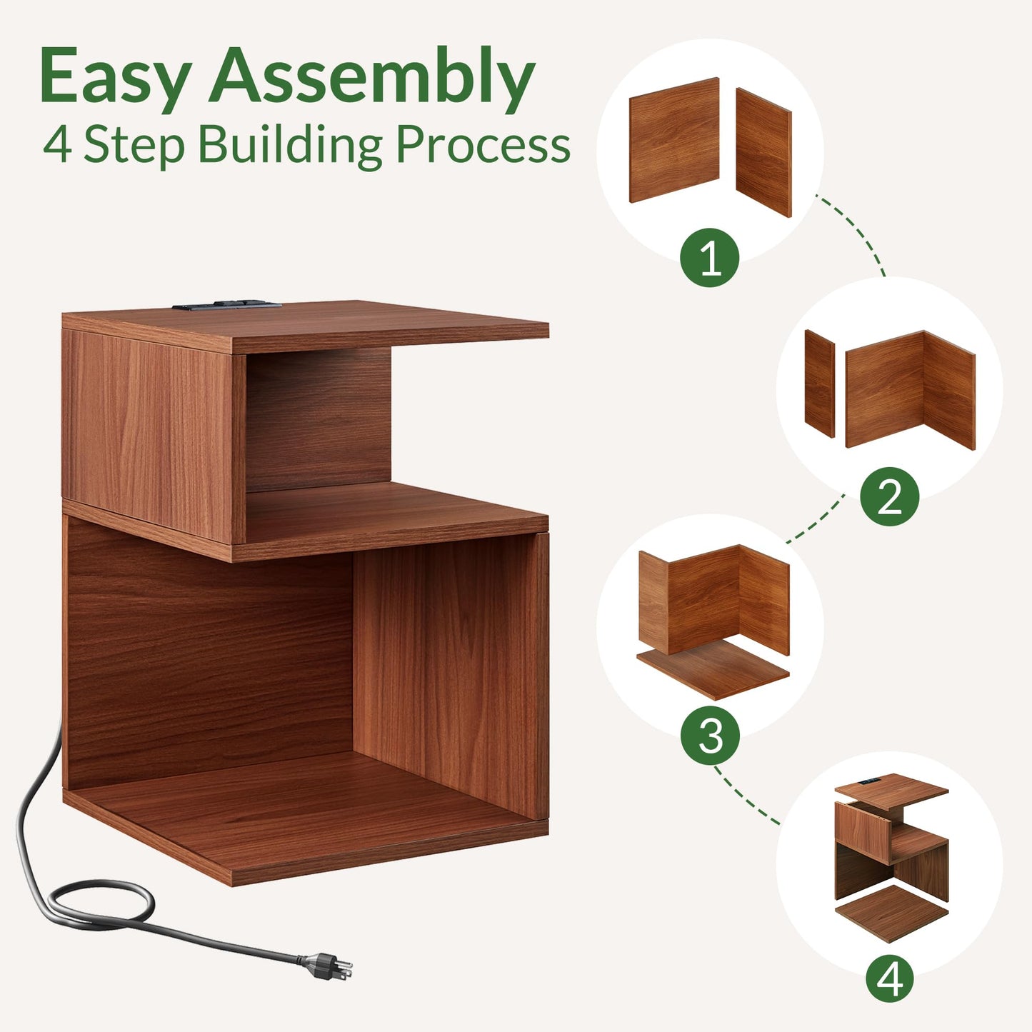 ODIKA Tokyo S Flip Minimalist 3 Tier End Table with Fast Charging Station - USB C Cable Wood Nightstand for Small Spaces with Open Storage Bedside Table for Bedroom (Reverse, Oak w/Charging)