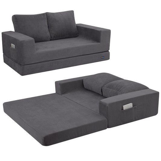 COMAX Convertible Sofa Bed Queen, Folding Fold Out Couch Bed, Floor Couch Corduroy Sleeper Mattress with Back Pillows, Boneless Sofa Comfy Lounge Loveseat for Living Room Bedroom, Dark Grey