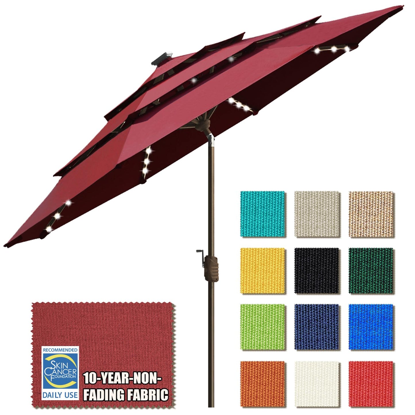 EliteShade USA 10-Year-Non-Fading Solar 9ft 3 Tiers Market Umbrella with 80 LED Lights Patio Umbrellas Outdoor Table with Ventilation,Burgundy
