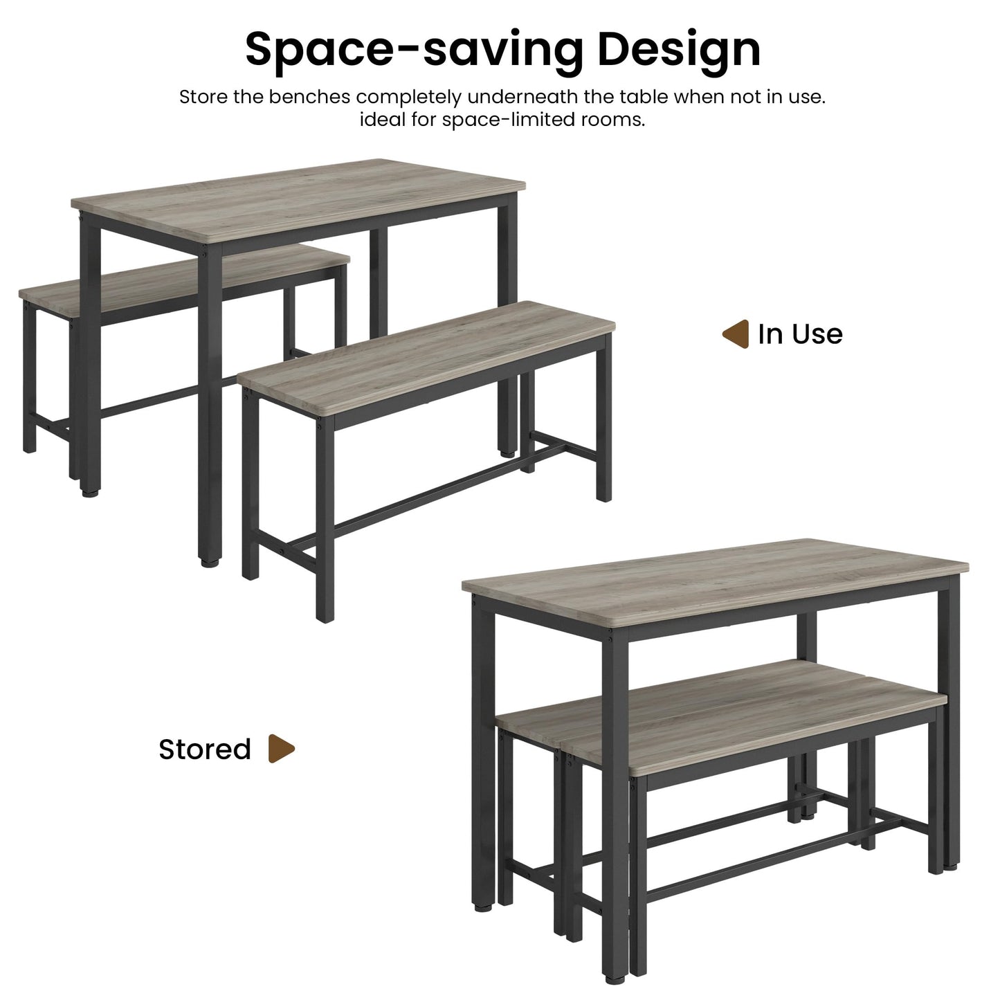 SumKea Dining Table Set for 4, Kitchen Room Table Set with 2 Benches, 3-Piece Dining Chairs Set for Breakfast Nook, Grey