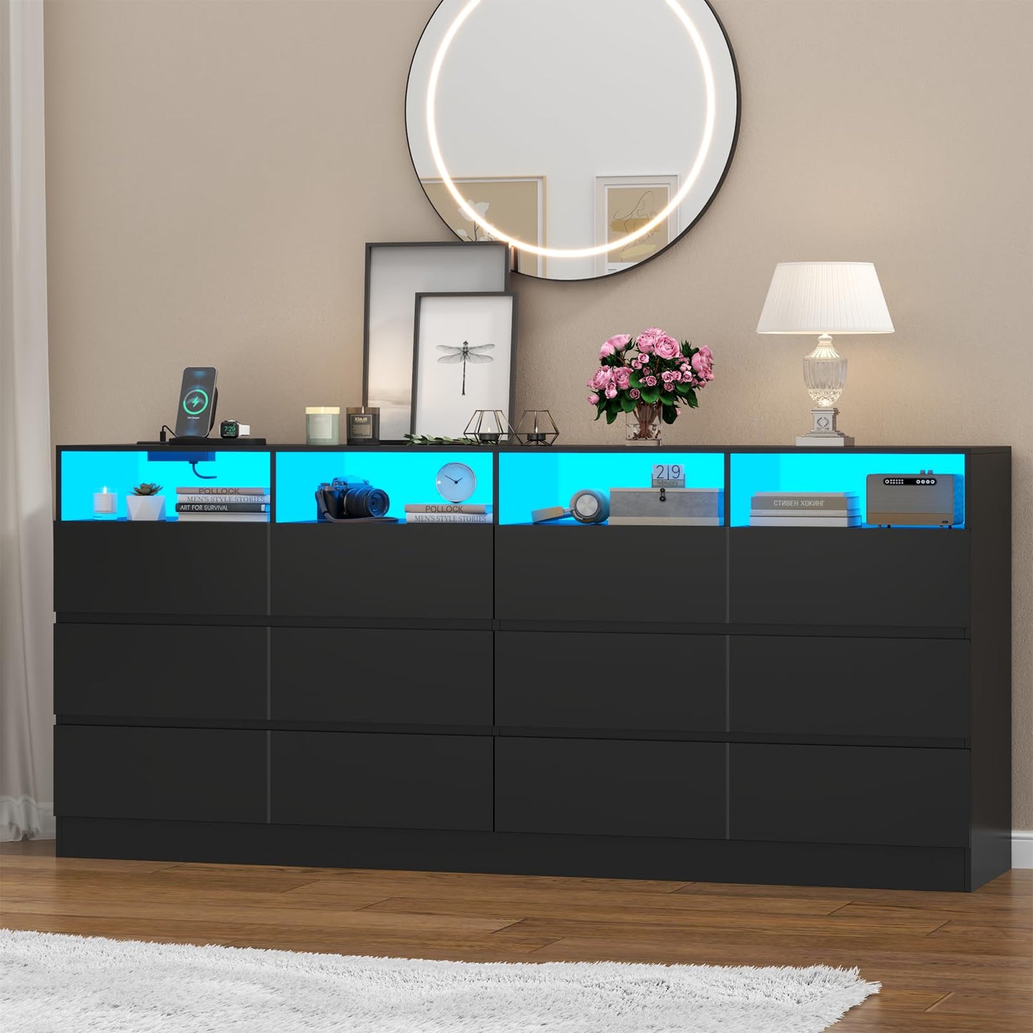 Loomie 12-Cell Divided Drawers Black Dresser with Charging Station & Led Lights for Bedroom, Long 63" Wide Dresser TV Stand for TVs up to 75", Large Dressers Organizer with 4 Open Cubbies