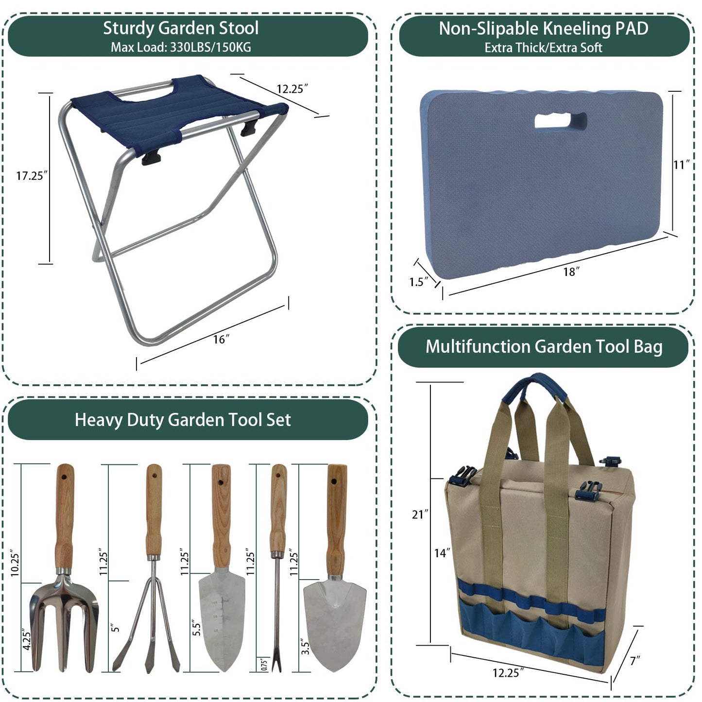 iPreference Garden Folding Gardener Stool with Gardening Tools Insulation Garden Bags Plus 5 Garden Tools and Gardening Kneeler Ideal Gift for Mother's Day/Father's Day (Navy Blue)