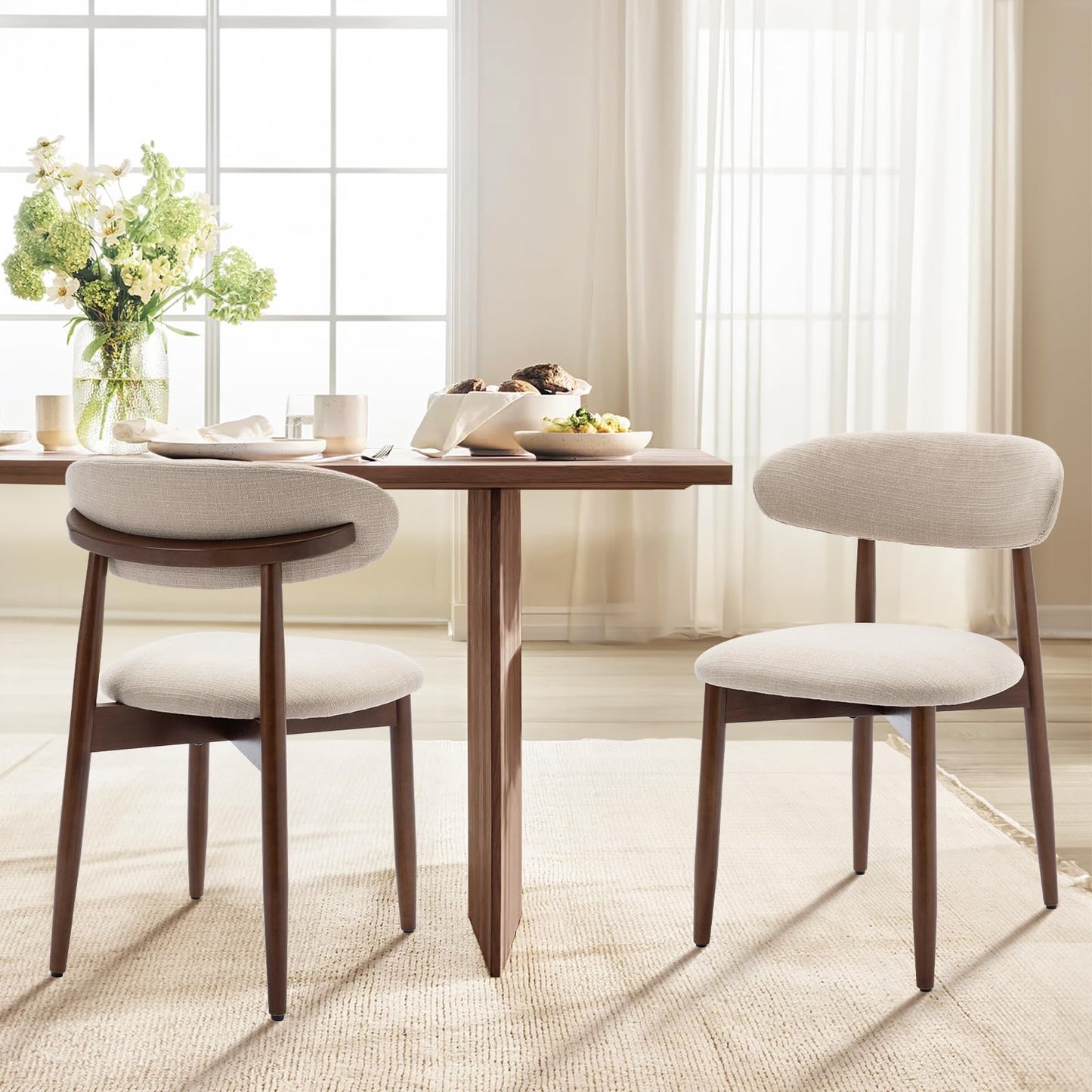 COLAMY Wooden Dining Chairs Set of 6, Modern Upholstered Fabric Dining Room Chair, Farmhouse Kitchen Side Chairs with Foot Pegs, Beige