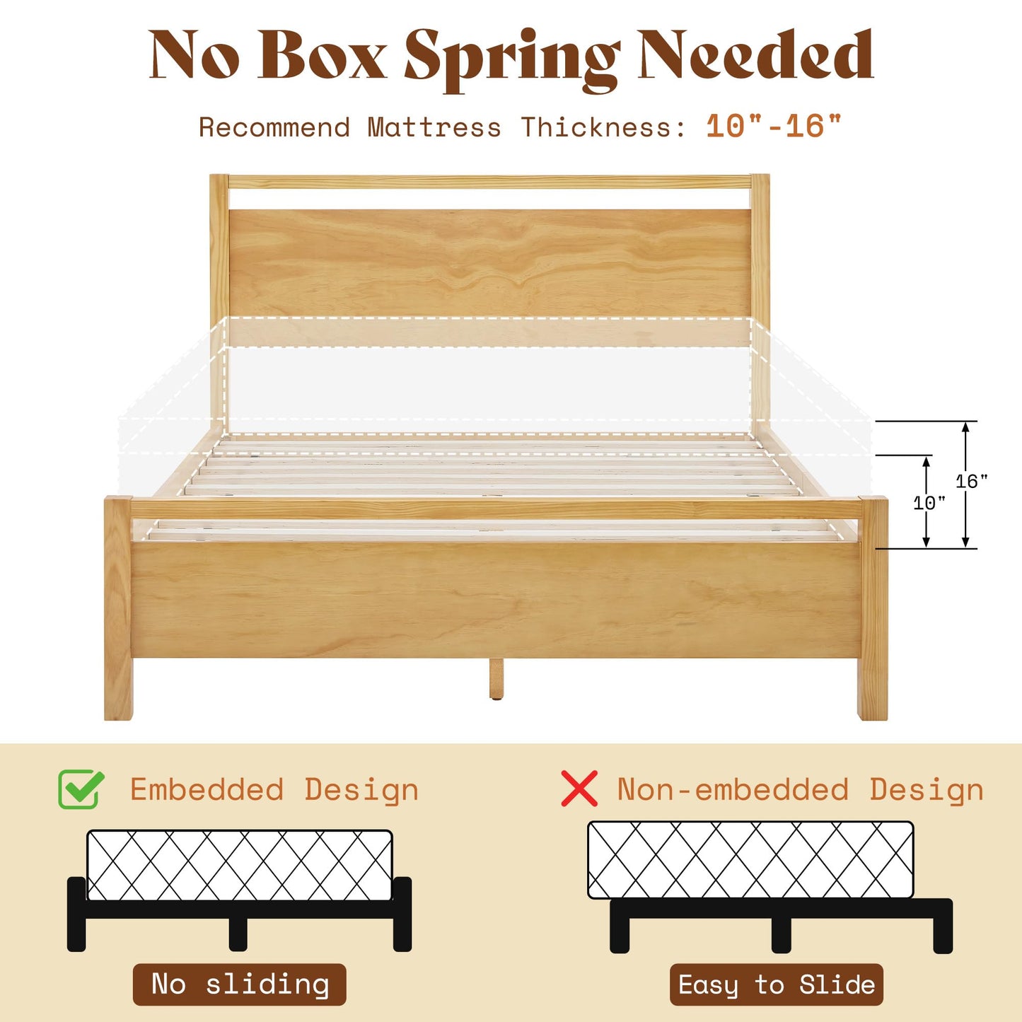 AMERLIFE King Size Solid Wood Bed Frame with Headboard, Minimalist Platform Bed with Wood Slats Support/No Box Spring Needed/Easy Assembly/Noise-Free, Natural