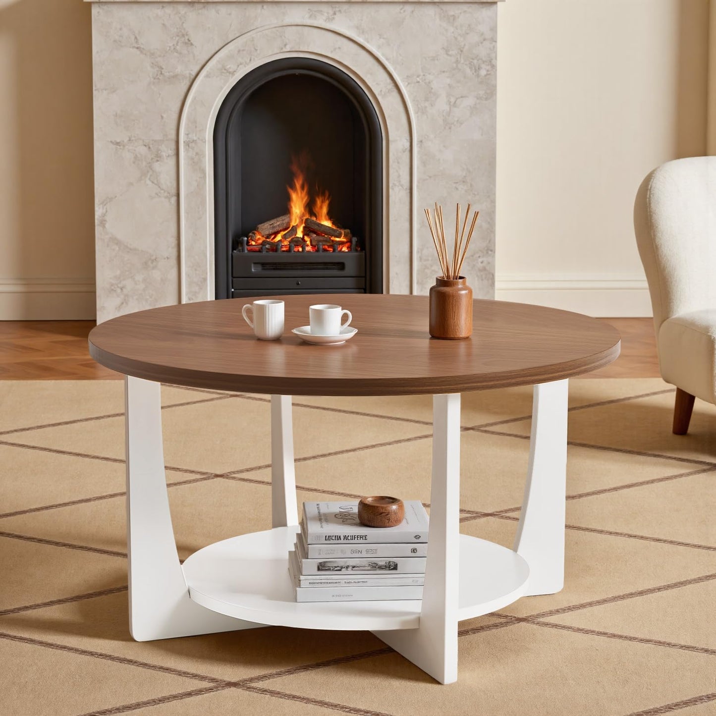 BECHAEO 31.5'' Round Coffee Table with Solid Wood Pine Legs, 2-Tier Rustic Round Coffee Table with Storage Shelf, Modern Wood Circle Coffee Table Farmhouse Center Table for Living Room, Walnut White