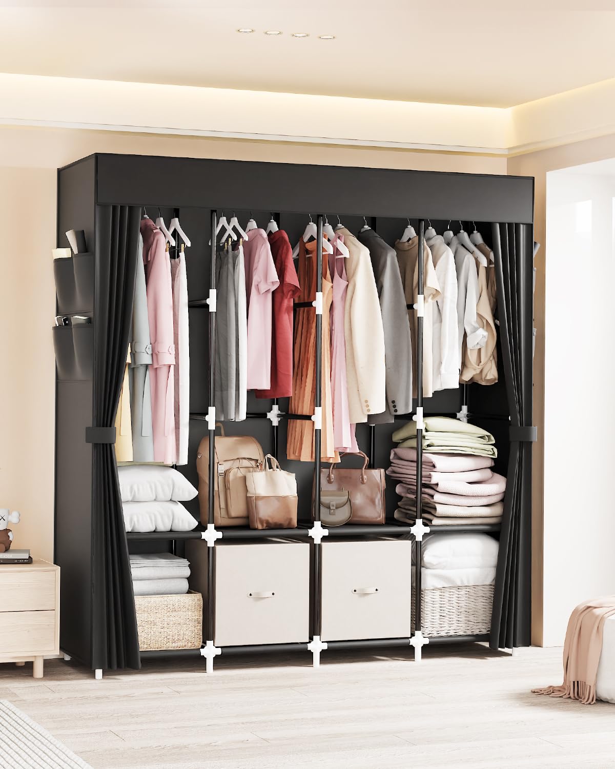 Mavivegue Clothes Organizer with 4 Hanging Rods, Portable Closet Wardrobe, Non-Woven Fabric Cover, Large Capacity Storage for Bedroom and Living Room,Black