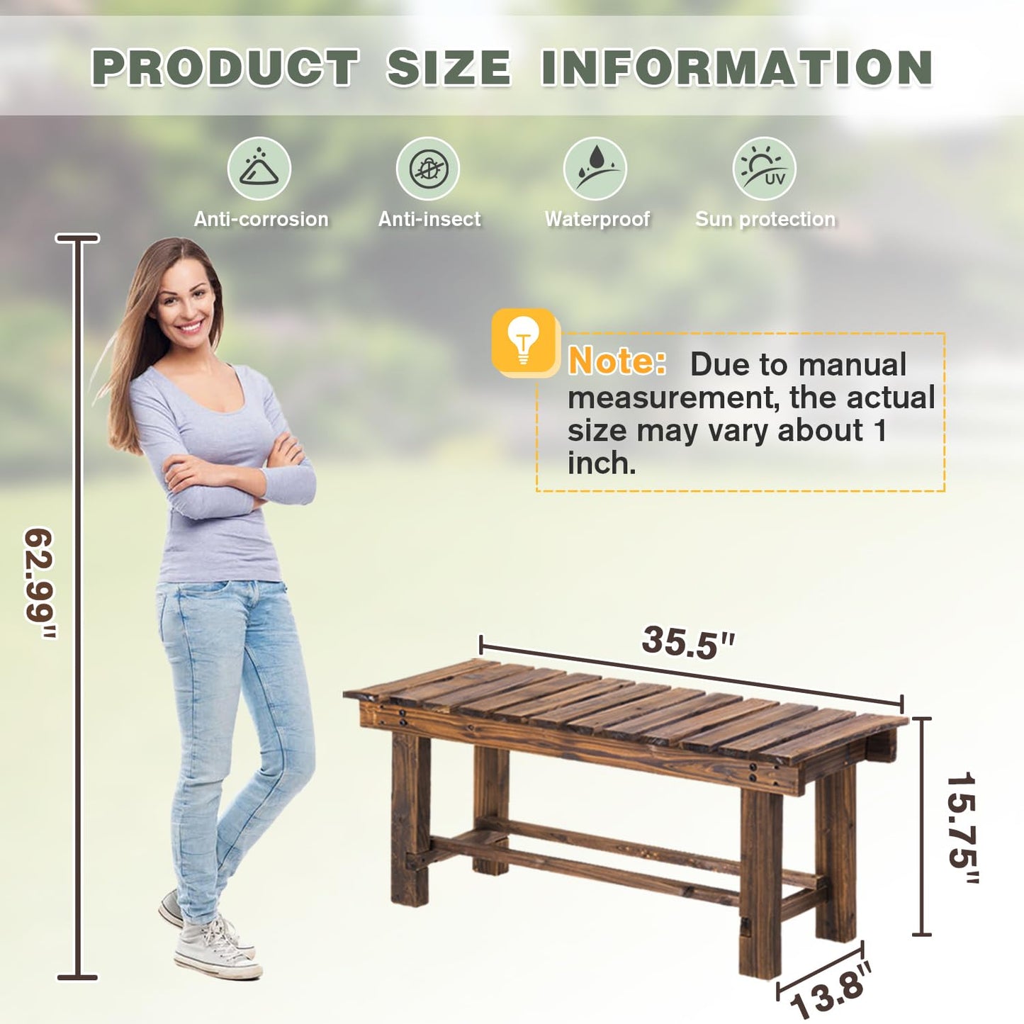 LSPYYDS Outdoor Garden Bench, 2-Person Wood Patio Bench Weatherproof Outdoor Backless Bench, Anti-Corrosion and Anti-Rust Garden Benches for Garden Lawn Porch Park Backyard (Carbonized,35.5''/90cm)