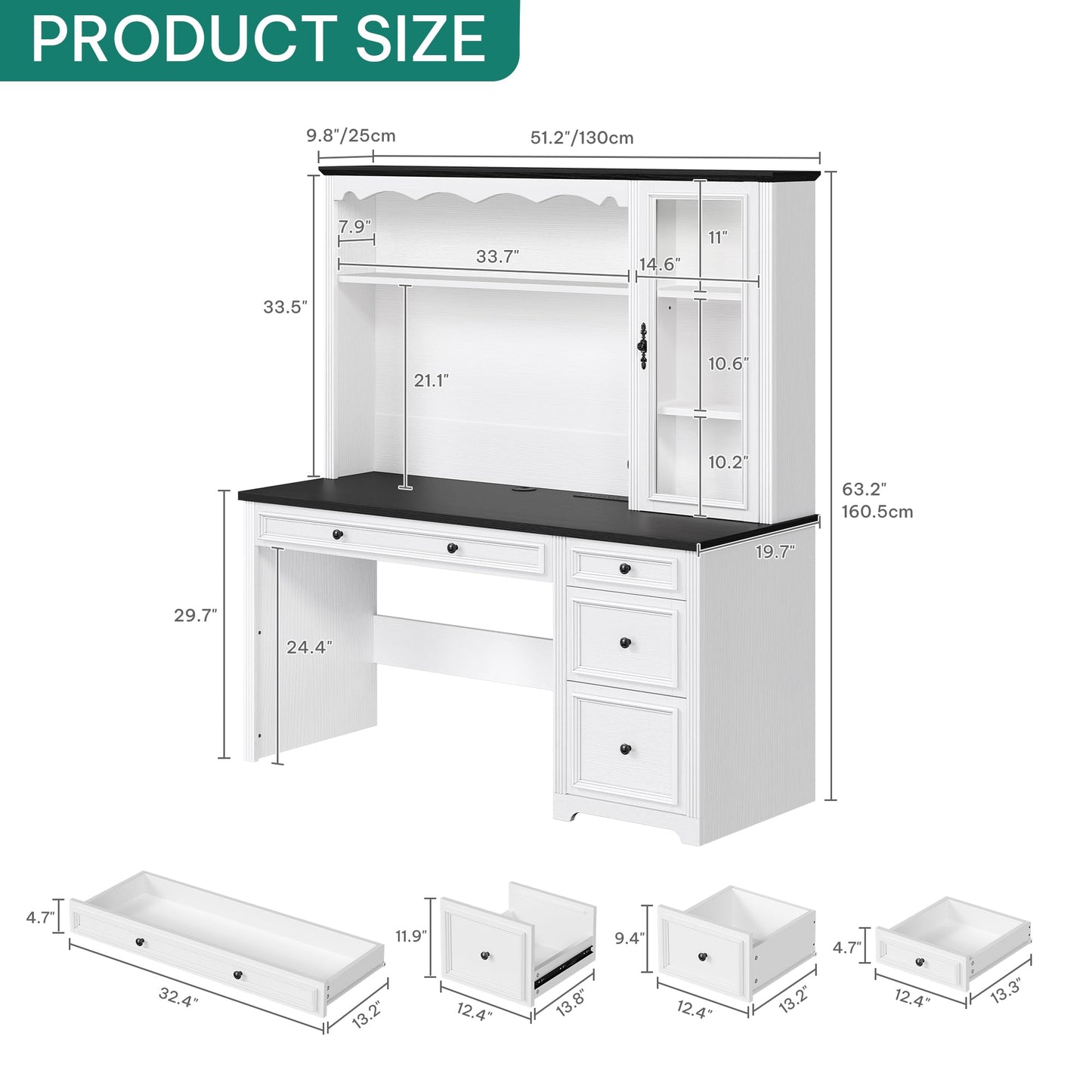 YITAHOME Executive Desk with Hutch and Drawers, Farmhouse Wood Computer Desk with Power Outlet & LED Lights, Home Office Desks with Storage Shelves, Storage Cabinet with Glass Door, White & Black
