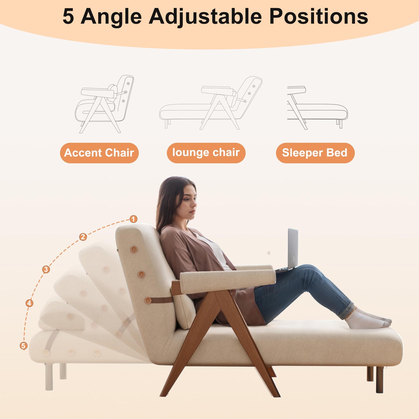 Convertible Sleeper Chair, 3-in-1 Single Sofa Bed for Adults，Pull Out Lounge Sleeper Chairs，Foldable with Adjustable Backrest (D31.8 x W21.3 x H31.8 inch(Beige))