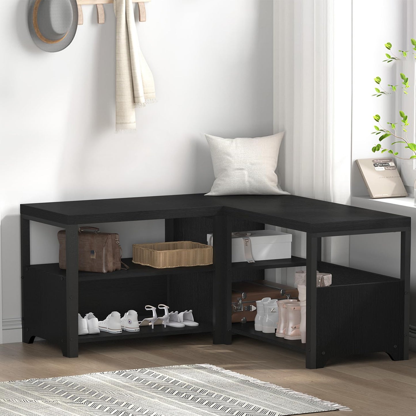 HSH Black Bench, 57” Long Entryway Bench with Shoe Storage, Corner Convertible Storage Bench with Shelf for Foyer Entrance, Wooden Metal L Shaped Shoe Rack Benchs for Bedroom Living Room, Black Oak