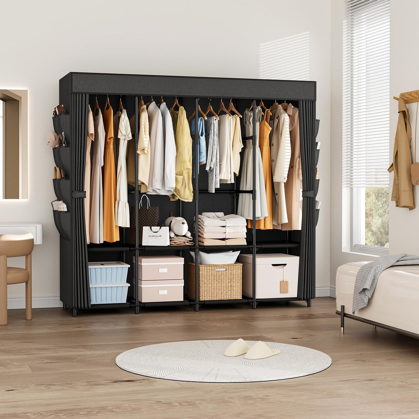 BrFoYu Portable Closet for Hanging Clothes, 67 Inch Wide Portable Wardrobe Closet with Cover, 4 Hanging Rod, Storage Shelves and Side Pockets, Large Free Standing Closet for Bedroom, Black