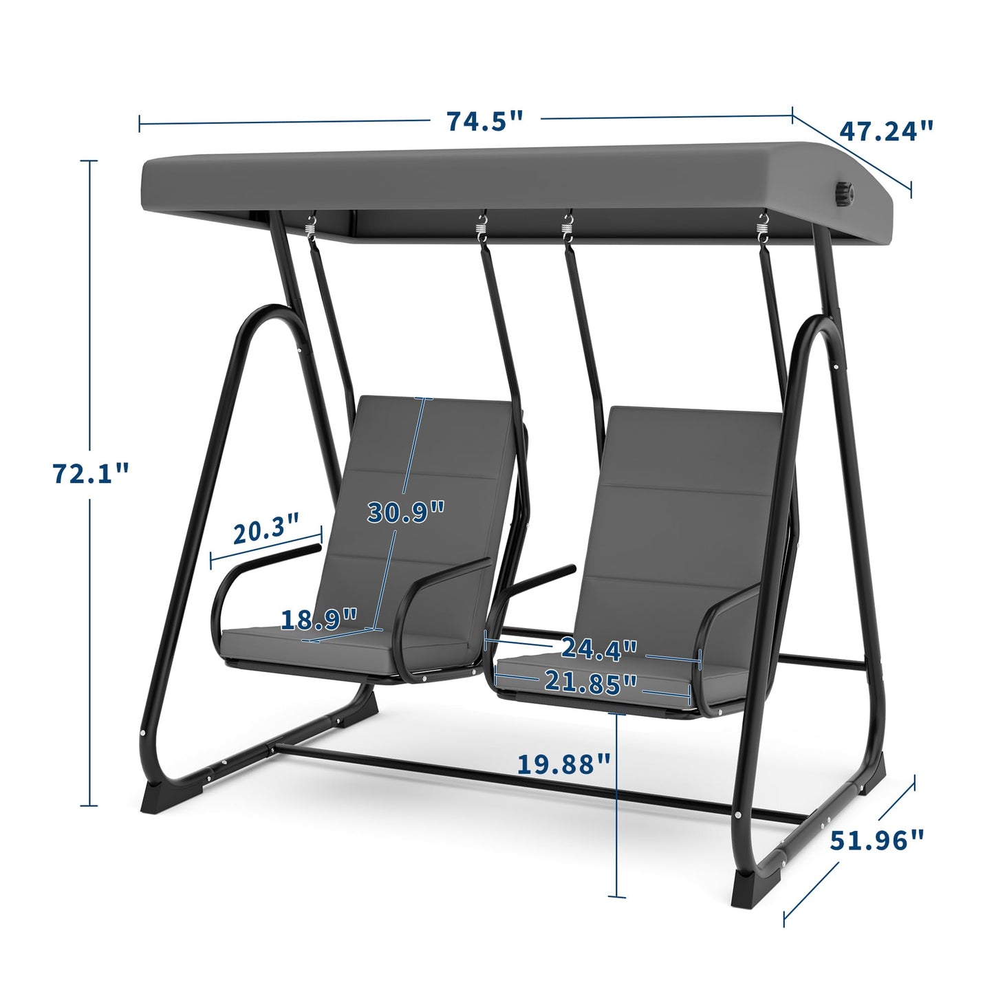 GarveeLife 2 Person Porch Swing Chair, Heavy Duty Outdoor Patio Swing Glider with Adjustable Canopy & Removable Cushions, Independent Swing Chairs for Garden, Balcony, Poolside, Backyard, Dark Grey