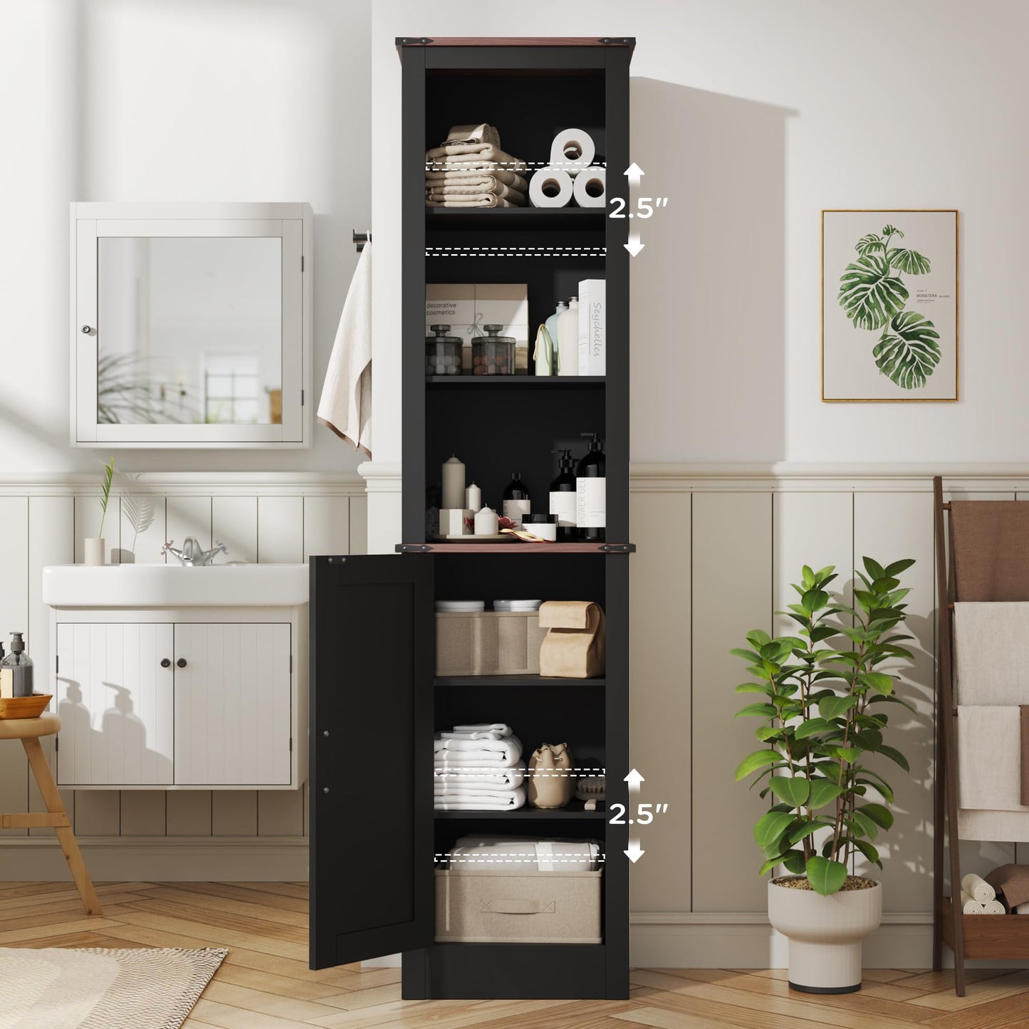MHOM 71" Tall Bathroom Cabinet. Farmhouse Storage Cabinet with Adjustable Shelves, Narrow Linen Cabinet for Bathroom, Laundry, and, Living Room, Black