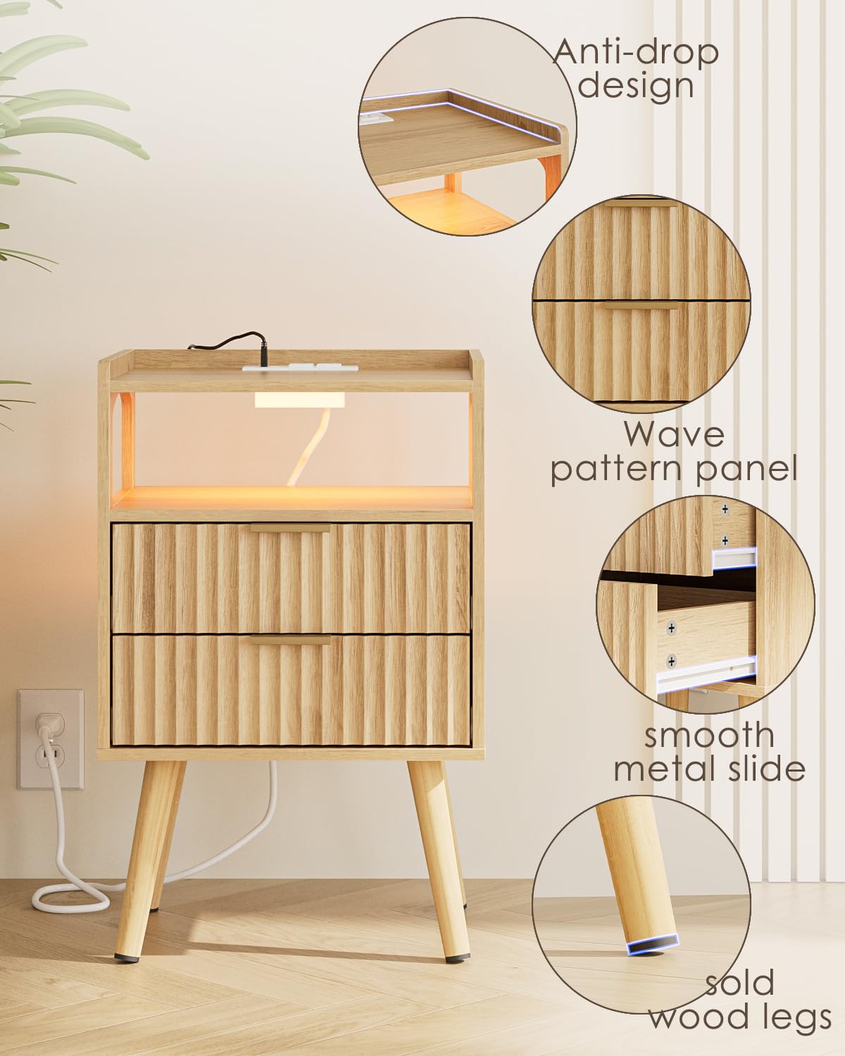 AEPOALUA Nightstand with Charging Station and LED Lights,Modern Bedside Table with 2Drawer and Open Shelf,Oak Night Stand with Solid Wood Legs,End Table for Living Room、Bedroom and Small Spaces