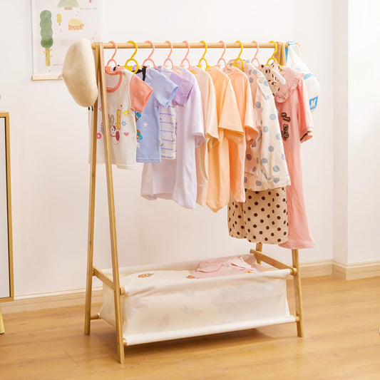 Cozivolife Kids Clothing Rack with Storage Box, Dress up Holder, Child Garment Stand with Hanging Rods, Small and Foldable, Bamboo (Natural)
