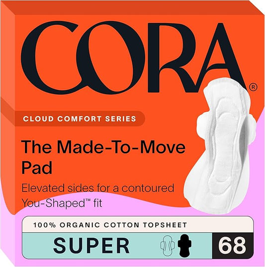 Cora Made-to-Move Regular Pads with Wings, Organic Cotton Topsheet Ultra Thin Feminine Care Pads for Women, Soft, Comfortable & Breathable Menstrual Pad, Super Absorbency, Unscented, 68 Count
