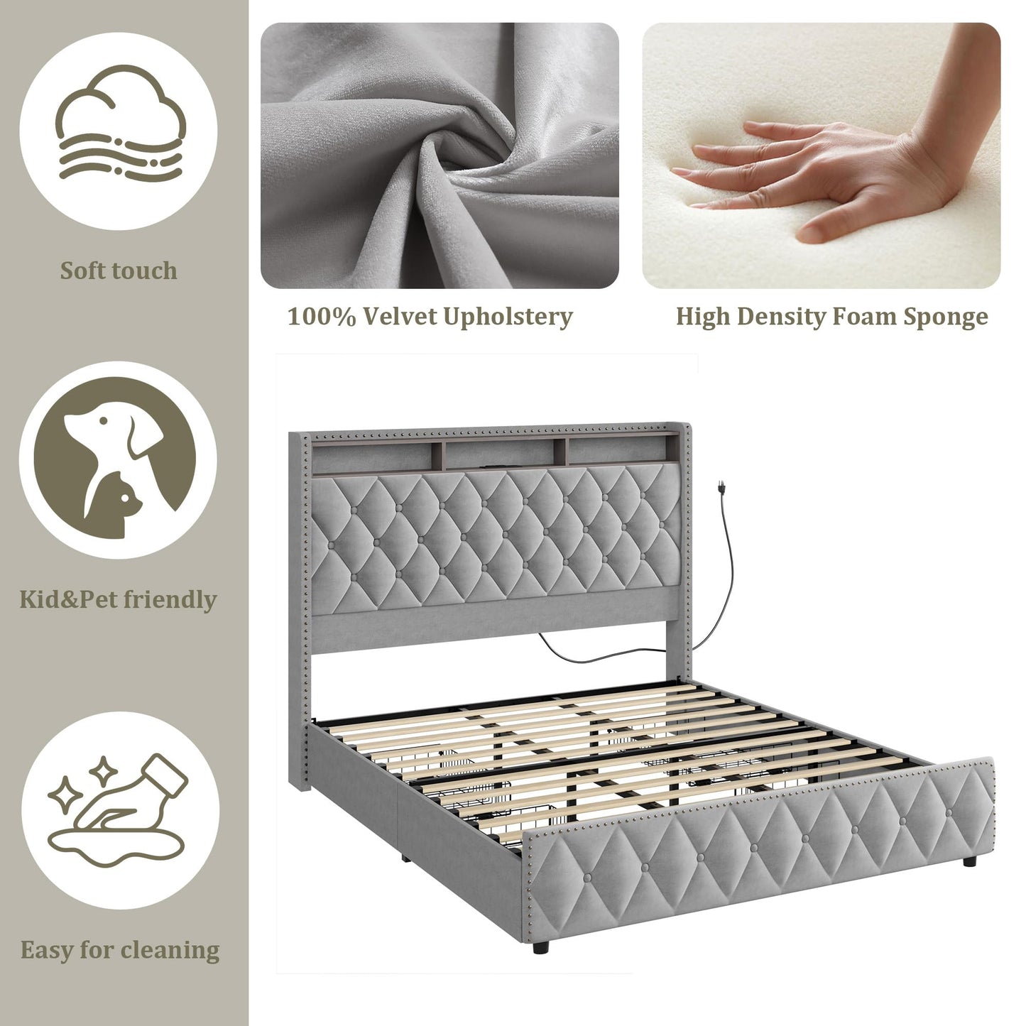 GarveeHome Queen Bed Frame with 50.8" Tall Headboard, Platform Velvet Upholstered Bed Frame with 4 Storage Drawers, USB Charging Station, Led Lights, No Box Spring Needed, Easy Assembly, Dark Grey